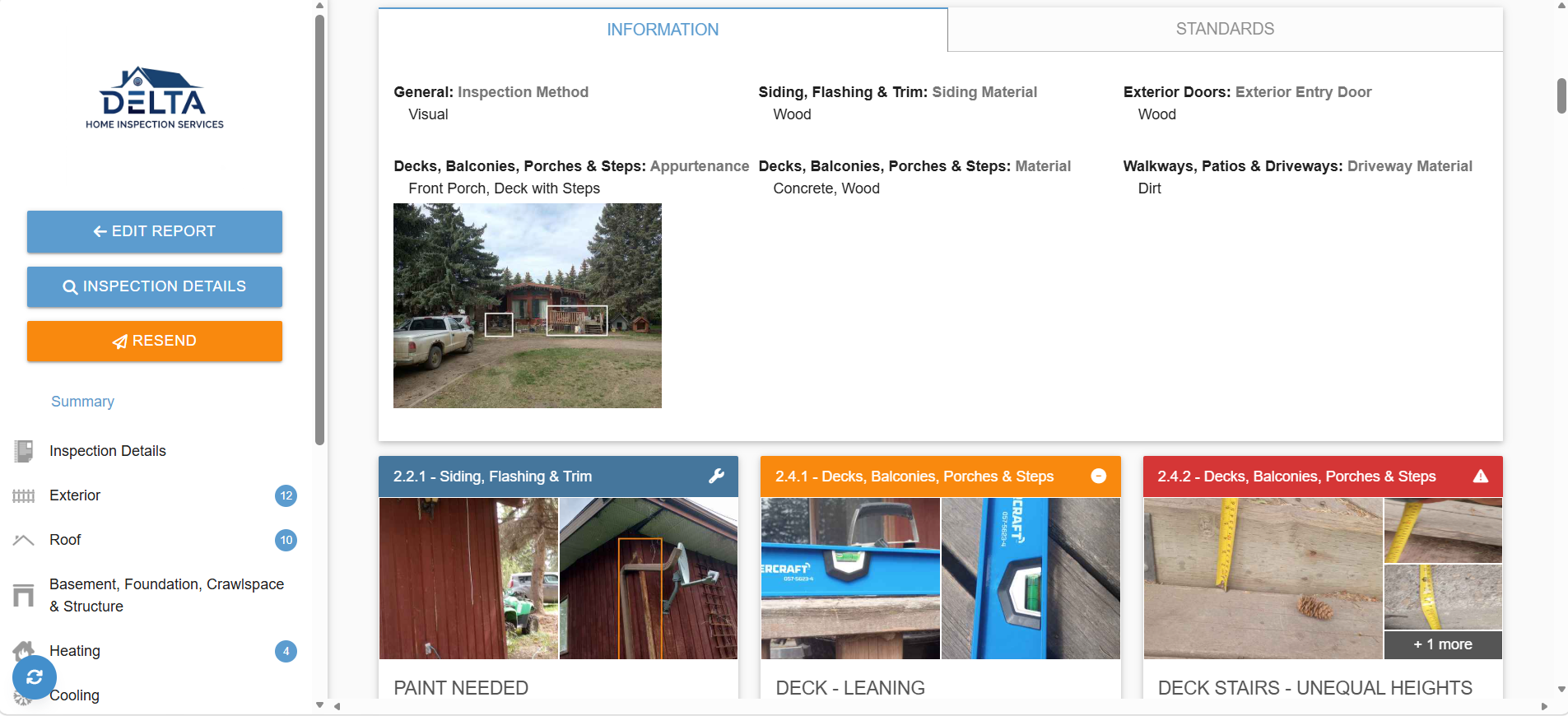 Screenshot of a home inspection report for a house, showing inspection details, photos, and labeled sections about exterior and deck conditions. Logo of Delta Home Inspection Services is in the top left corner.
