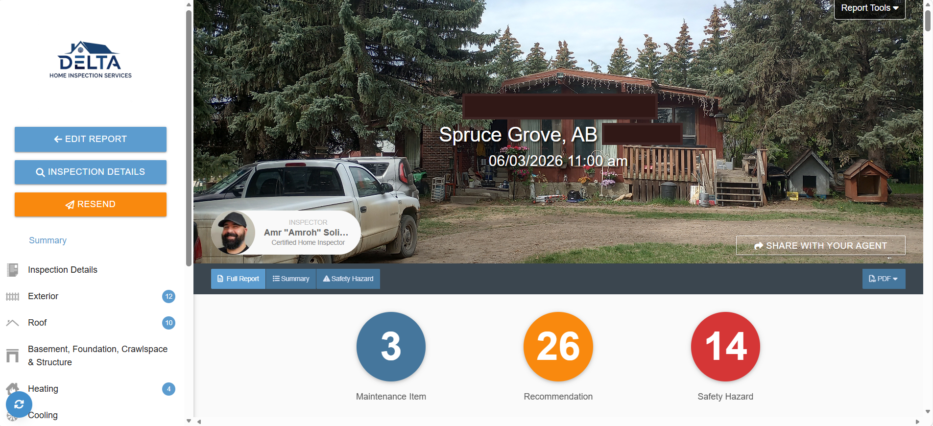 A home inspection report interface from Delta Home Inspection Services, showing a photo of a house in Spruce Grove, Alberta. The house has a small porch decorated with string lights, some potted plants, and an assortment of tools and equipment outside. There are several cars parked on a dirt driveway, and large evergreen trees surround the property. The report is dated June 3, 2026, at 11:00 am, and the inspector's profile picture is of a man with a beard and a cap.