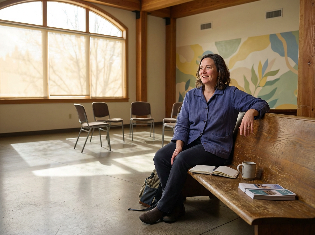 A woman sitting on a wooden bench inside a room with large windows and a painted mural on the wall behind her. She is smiling and looking to the side, with a notebook, a mug, and magazines on the bench beside her.