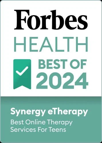 Forbes Health Best of 2024 badge for Synergy eTherapy, highlighting online therapy services for teens.