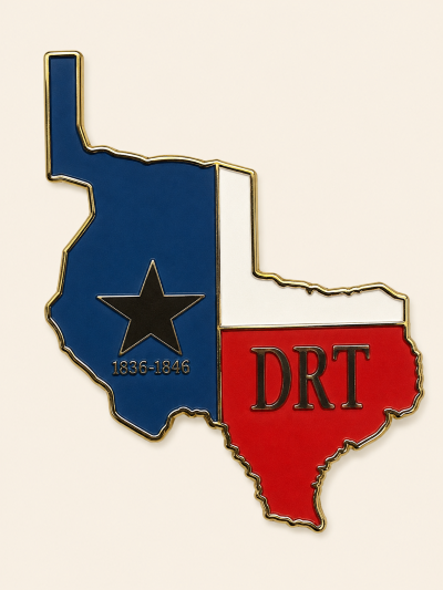 The DRT logo shaped like the Republic of Texas, divided into blue and red sections. The blue section has a black star and the dates 1836-1846. The red section has the letters DRT.