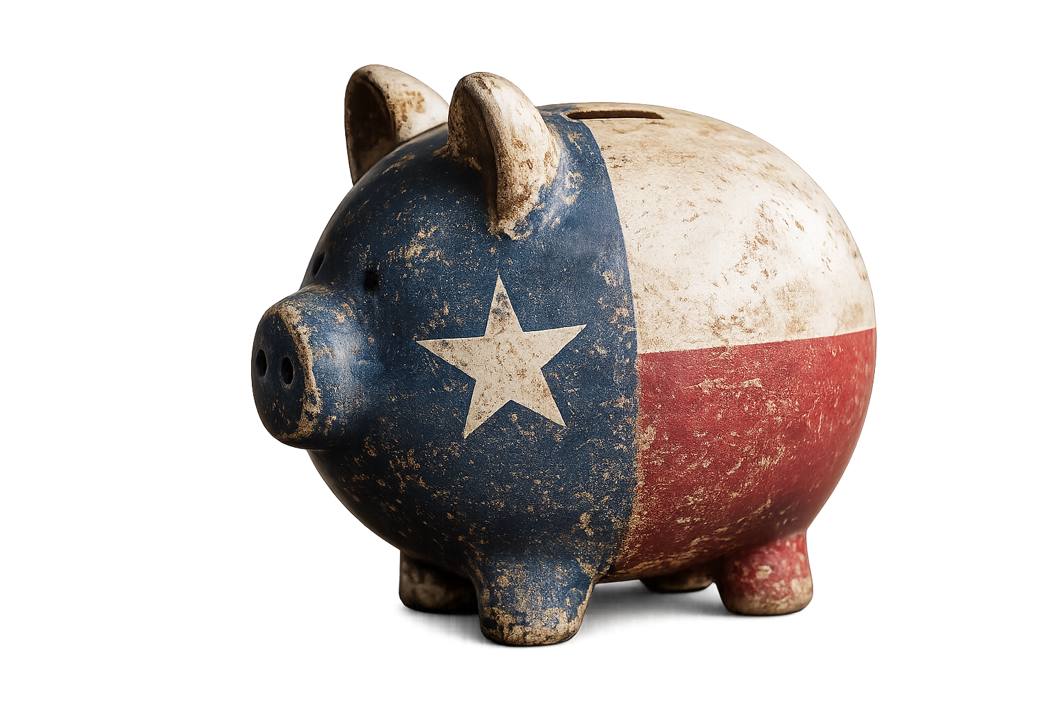 An old piggy bank painted with the Texas flag, featuring a white star, blue, white, and red stripes, with a weathered and distressed appearance.
