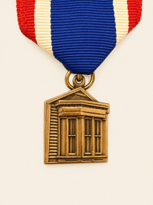 The Cradle depicted as a Bronze Medal Talisman with a blue, white, and red ribbon.