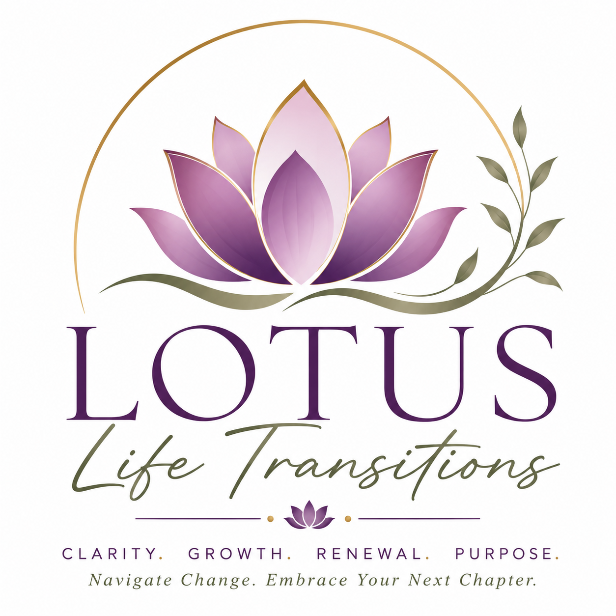 Logo for Lotus Life Transitions featuring a purple lotus flower with green leaves and gold accents, and text highlighting clarity, growth, renewal, and purpose.