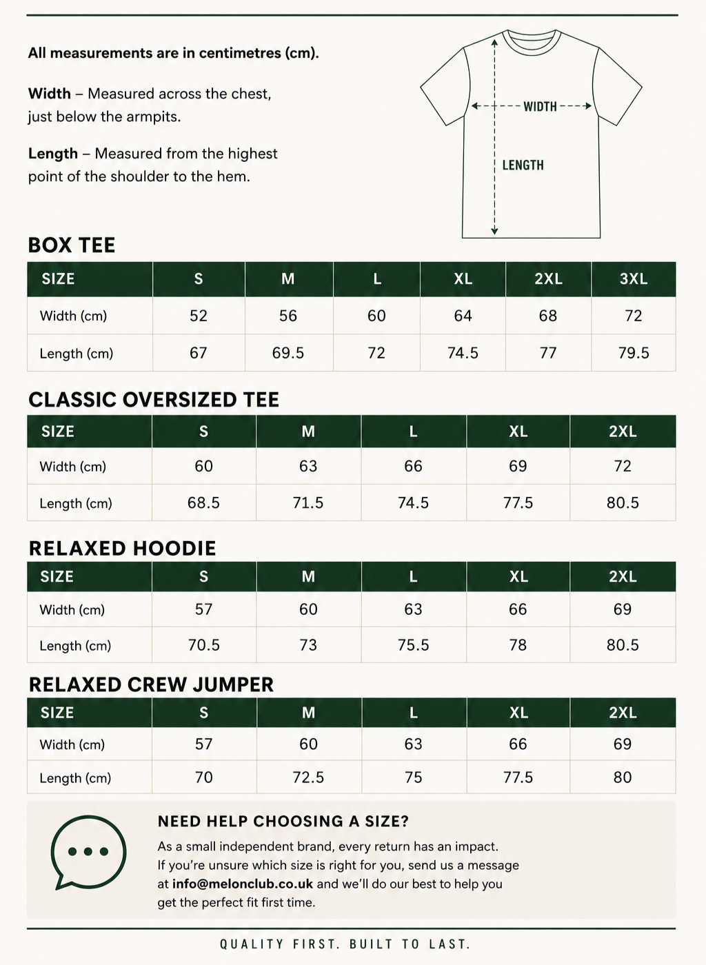 Chart with measurements for various T-shirts and hoodies, including box tee, classic oversized tee, relaxed hoodie, and relaxed crew jumper, with size options and dimensions in centimeters.