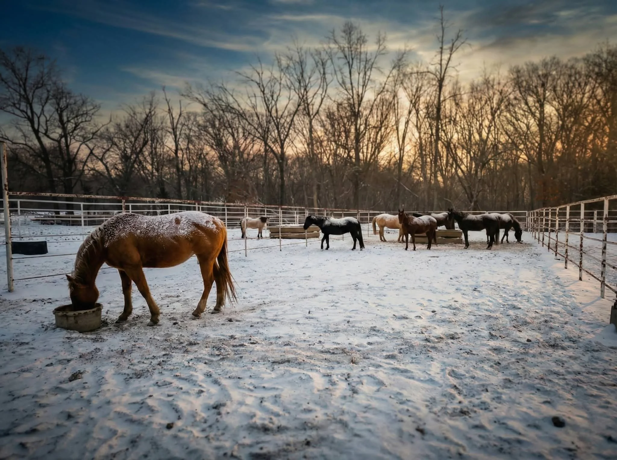 Several horses standing in a snow-covered fenced area with leafless trees and a sunset sky in the background.