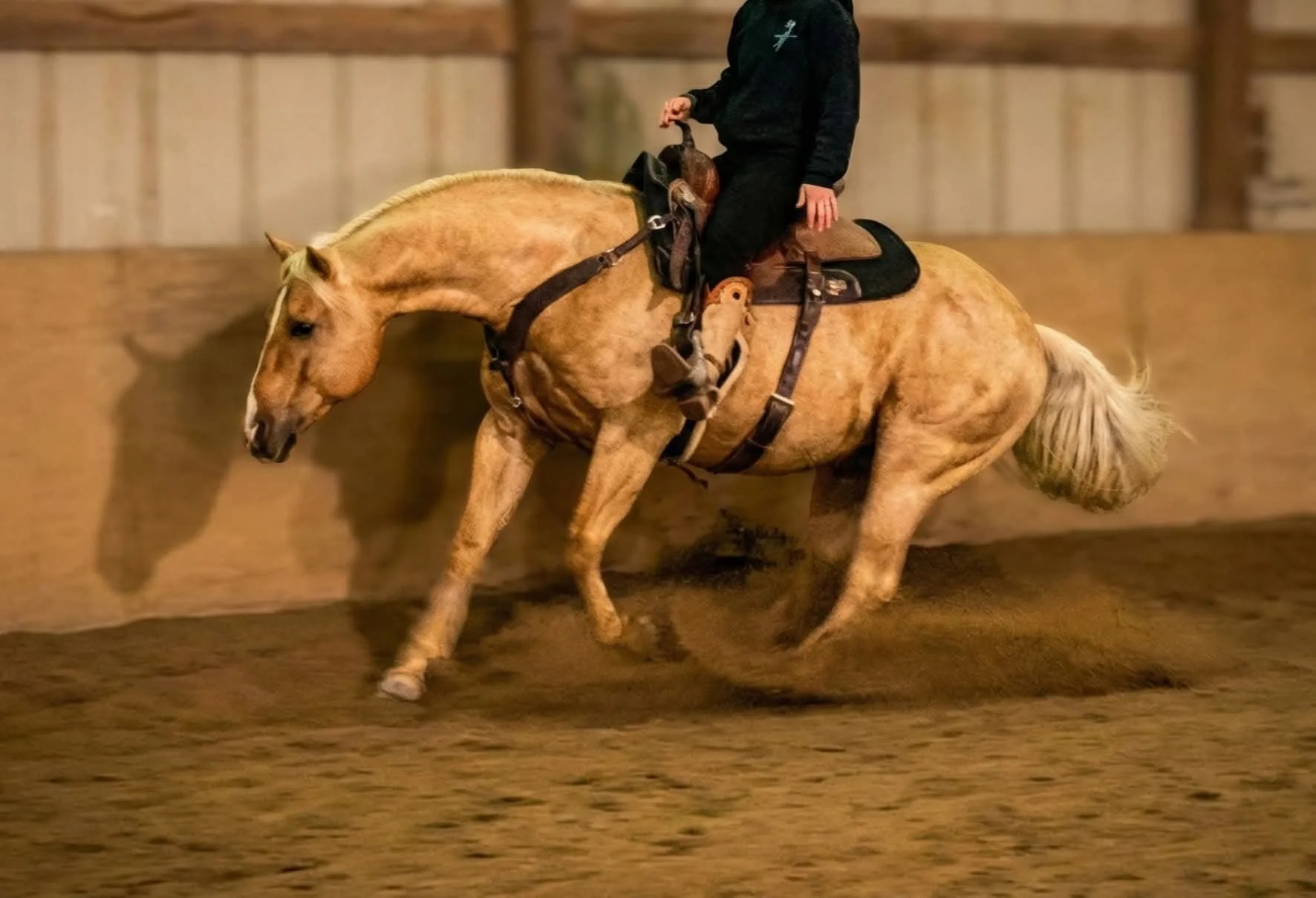 A person riding a palomino horse in an indoor riding arena.