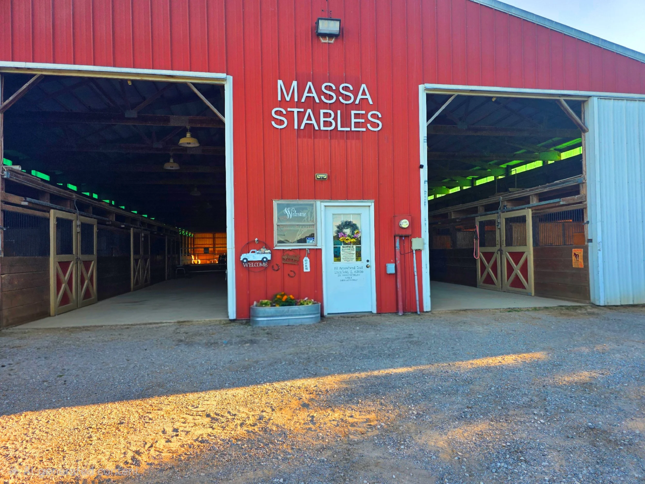 Red barn with an open entrance showing stalls inside and a sign that reads 'MASSA STABLES'