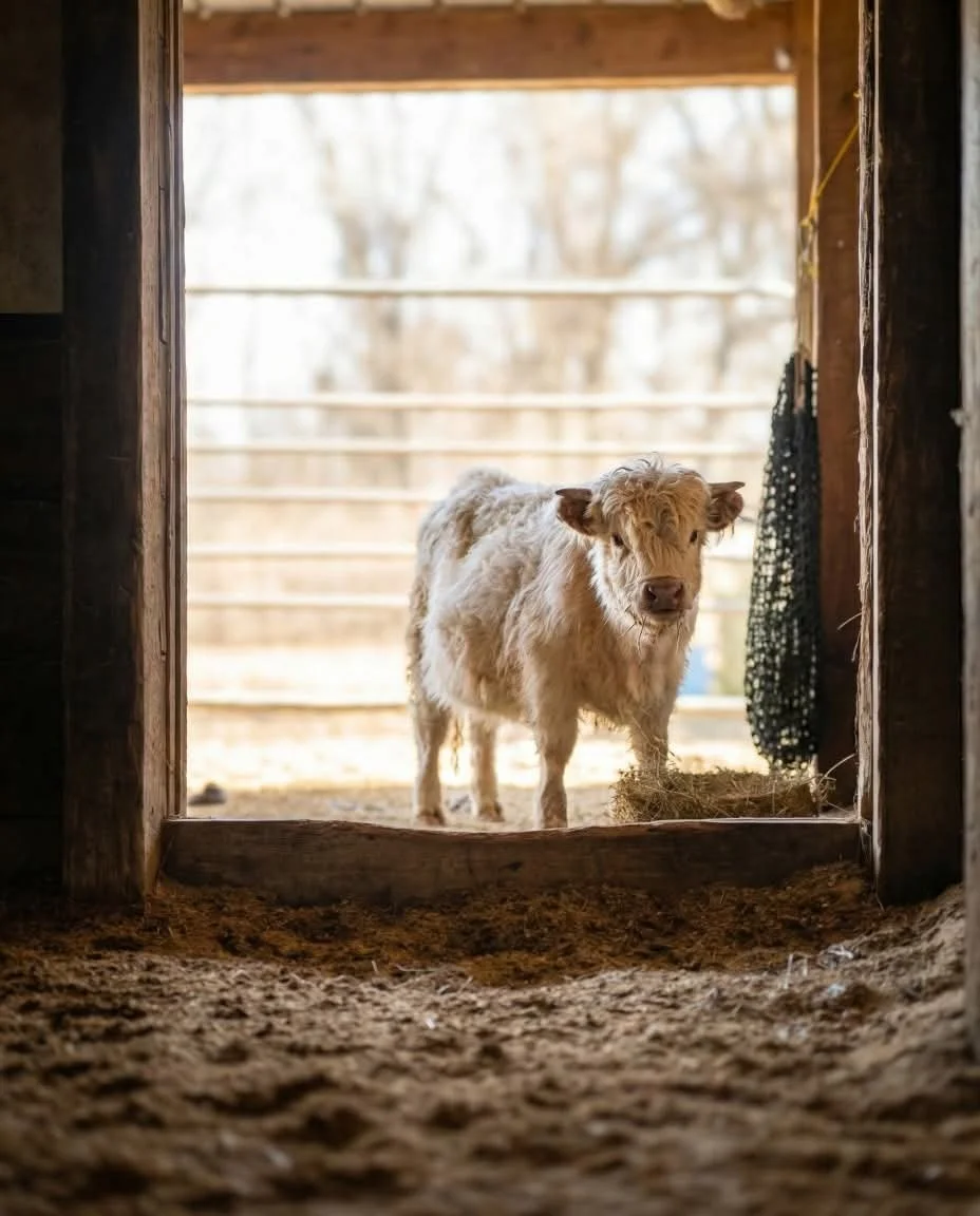 A young calf with light-colored fur standing in a barn doorway, looking inside at the camera. The ground inside is dirt, and there is a hay pile in front of the calf. The barn has wooden beams, and outside the background shows trees and a fence.
