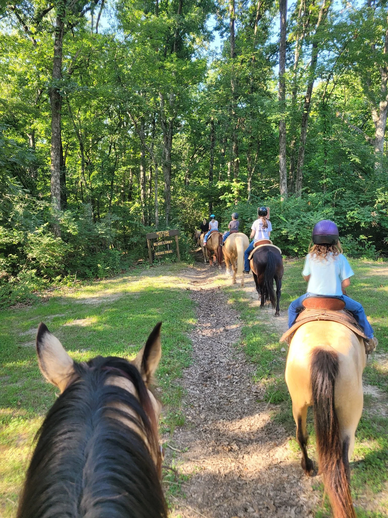 People horseback riding through a forest trail with a welcoming sign for Blake Lowry Riding Trail.