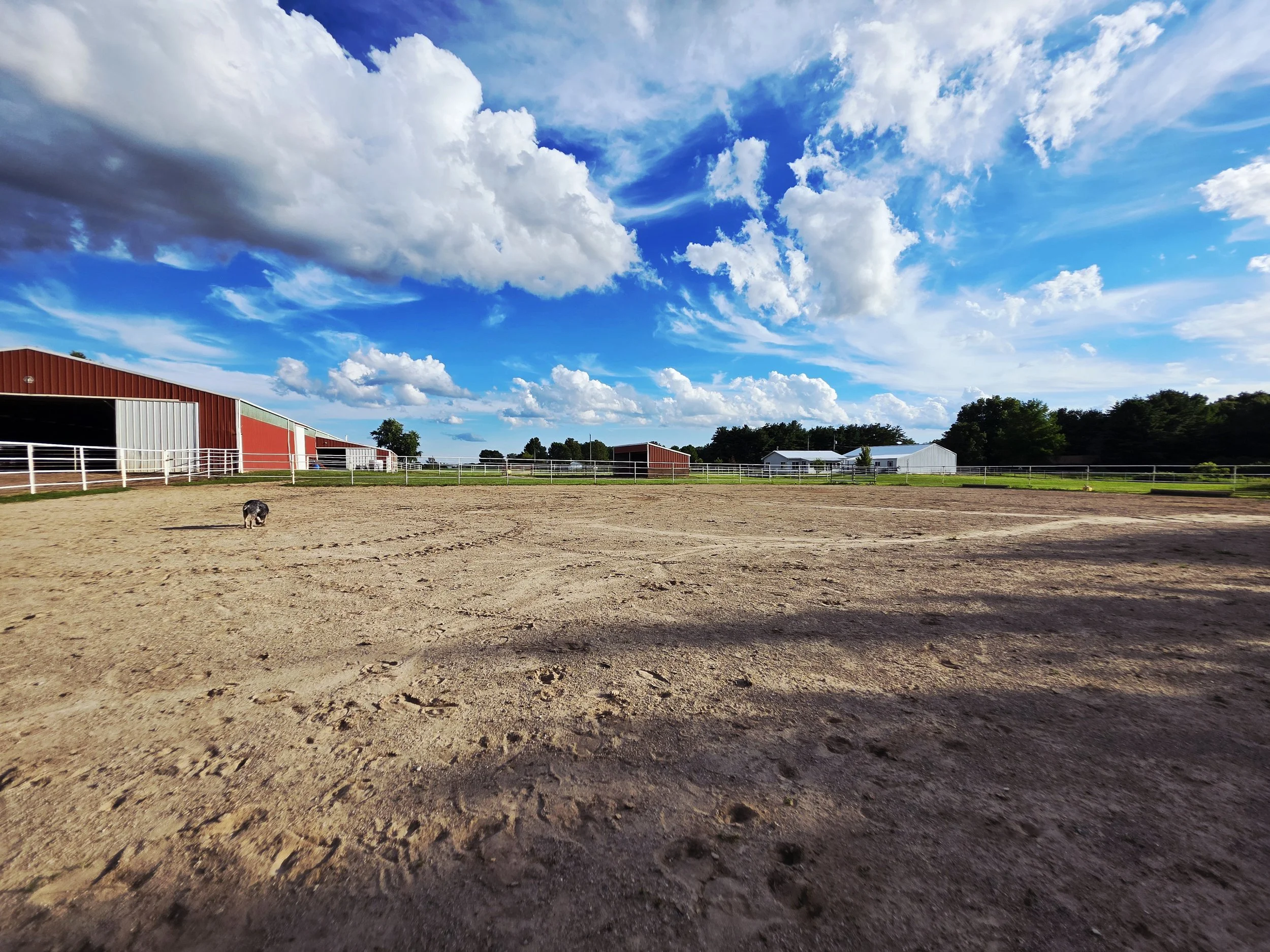 A rural scene featuring a large open dirt area, fences, red and white farm buildings, trees, and a partly cloudy sky with blue sky visible.