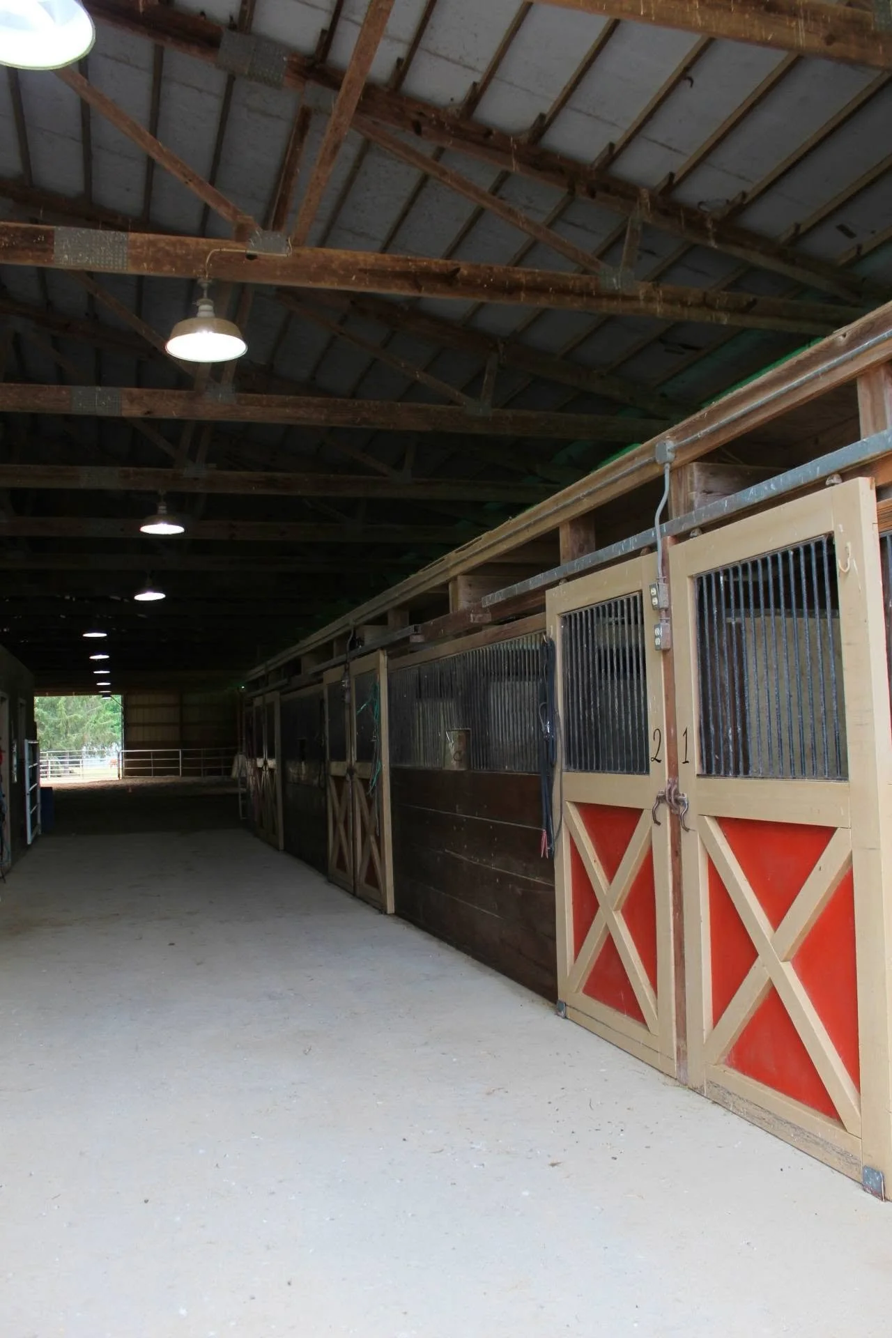 Inside a horse stable with stalls and metal gates, wooden walls, and a dirt floor, lit by ceiling lights.