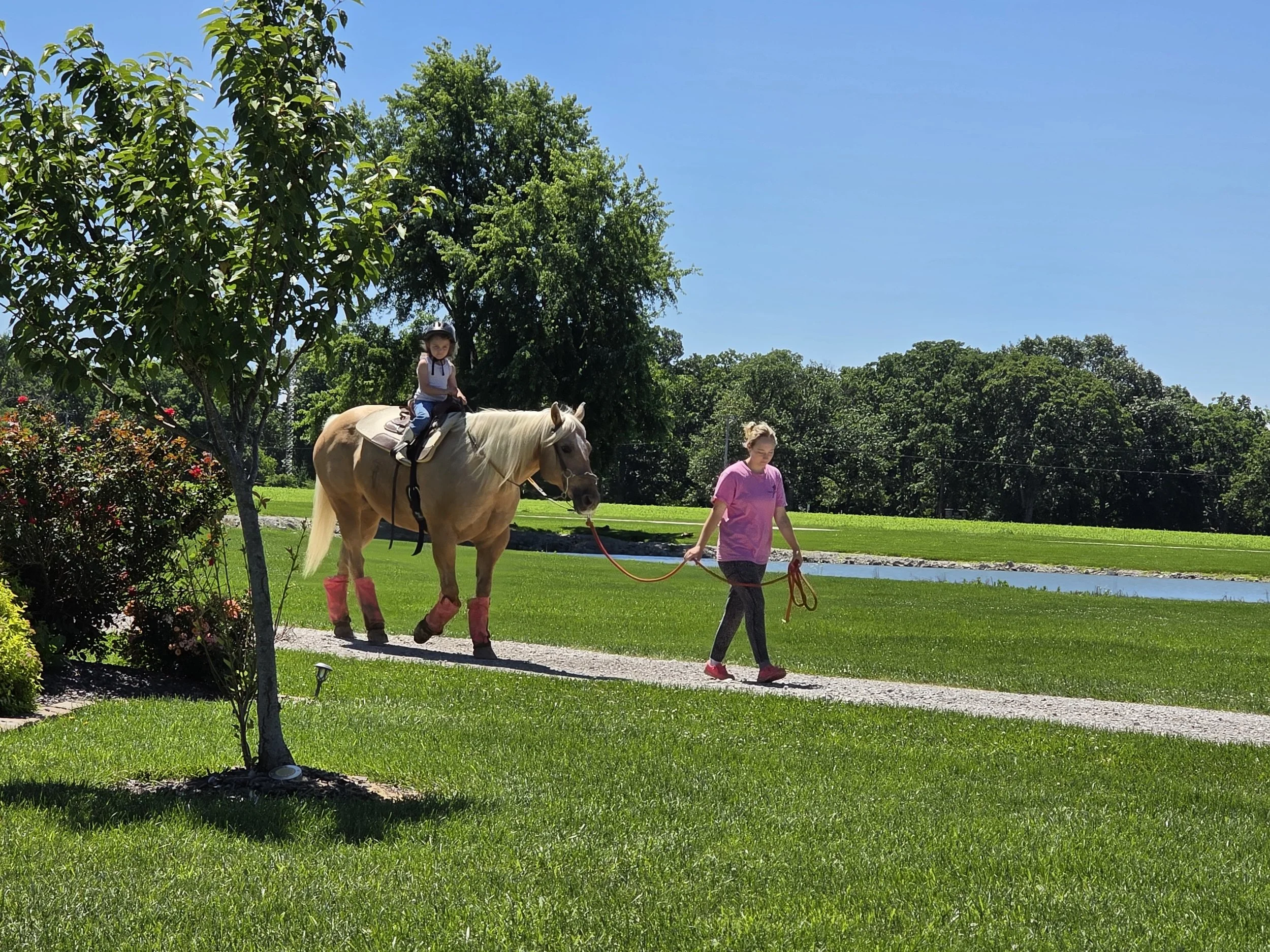 A girl riding a white horse while another girl leads it on a leash, walking on a paved path with lush green grass, trees, and a pond in the background under a clear blue sky.