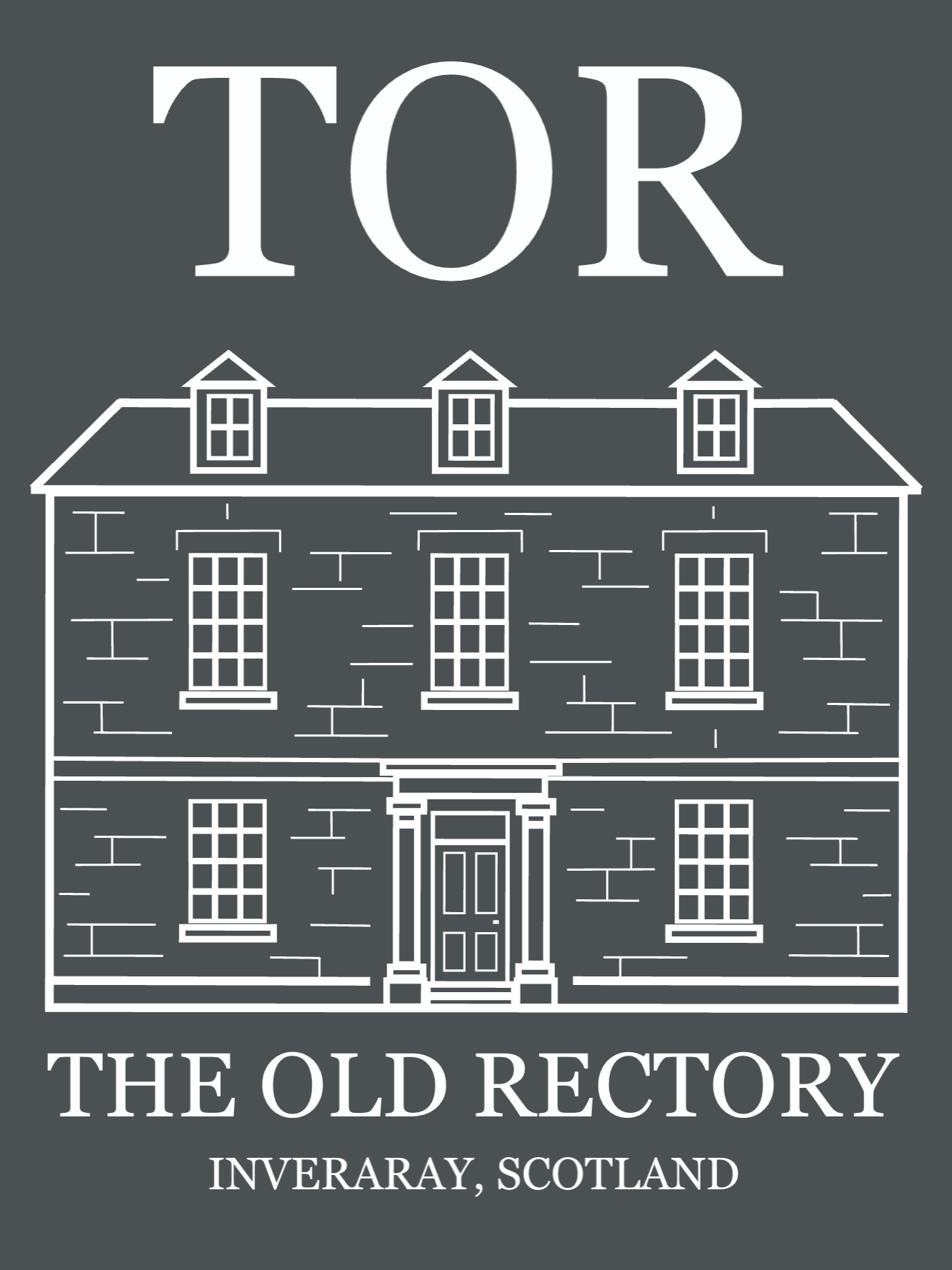 Poster for 'The Old Rectory' featuring a line drawing of a large, three-story Georgian-style house with symmetrical windows and a central door, located in Inveraray, Scotland. The text 'TOR' at the top and 'THE OLD RECTORY INVERARAY, SCOTLAND' at the bottom.