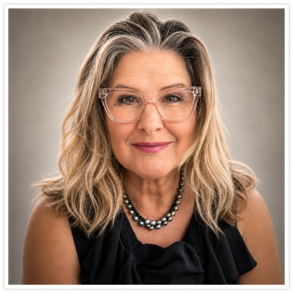 A woman with shoulder-length, wavy blonde hair, clear glasses, smiling at the camera, wearing a black outfit with a pearl necklace.