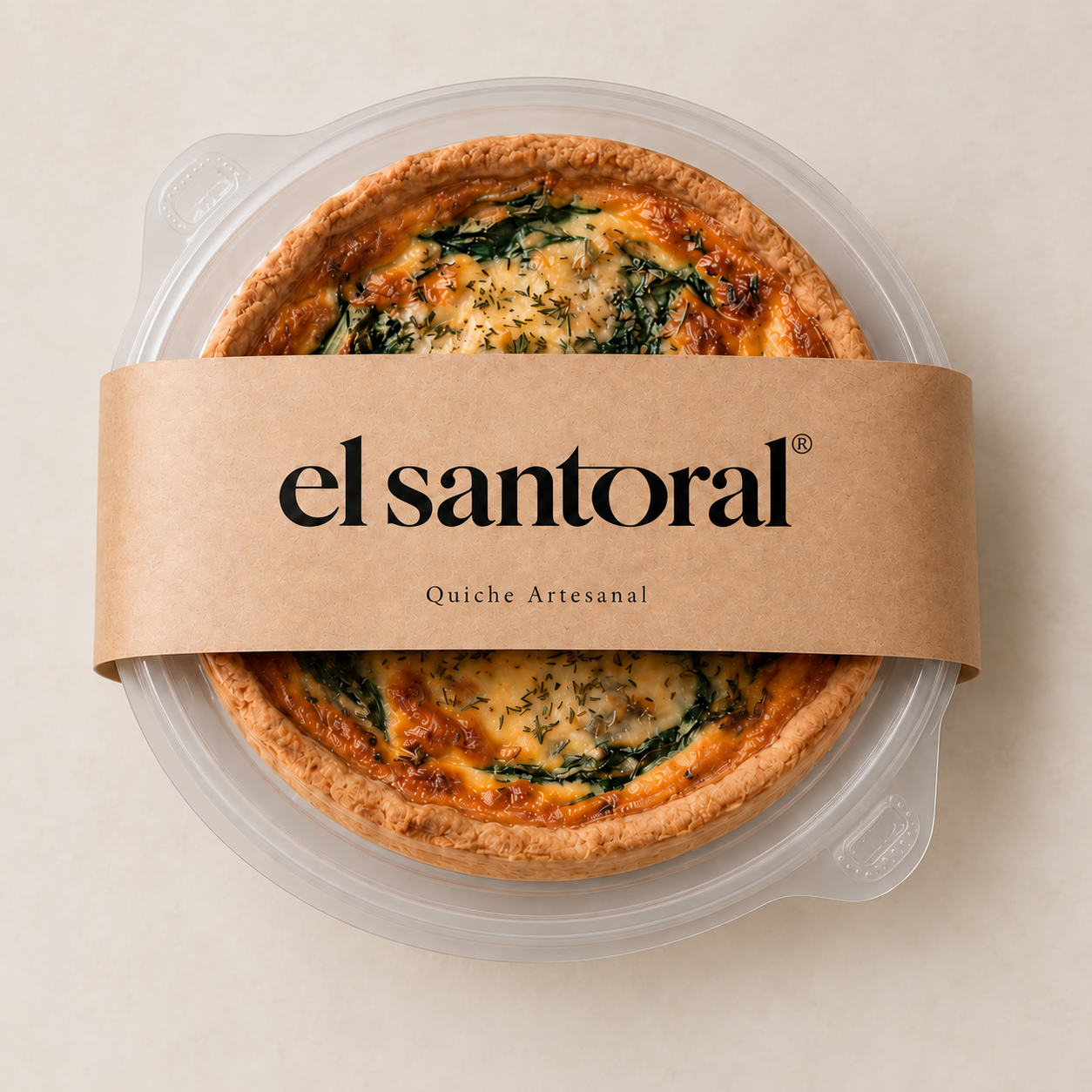 Quiche artesanal de El Santoral en empaque para llevar, pastelería y repostería salada en Ciudad de México