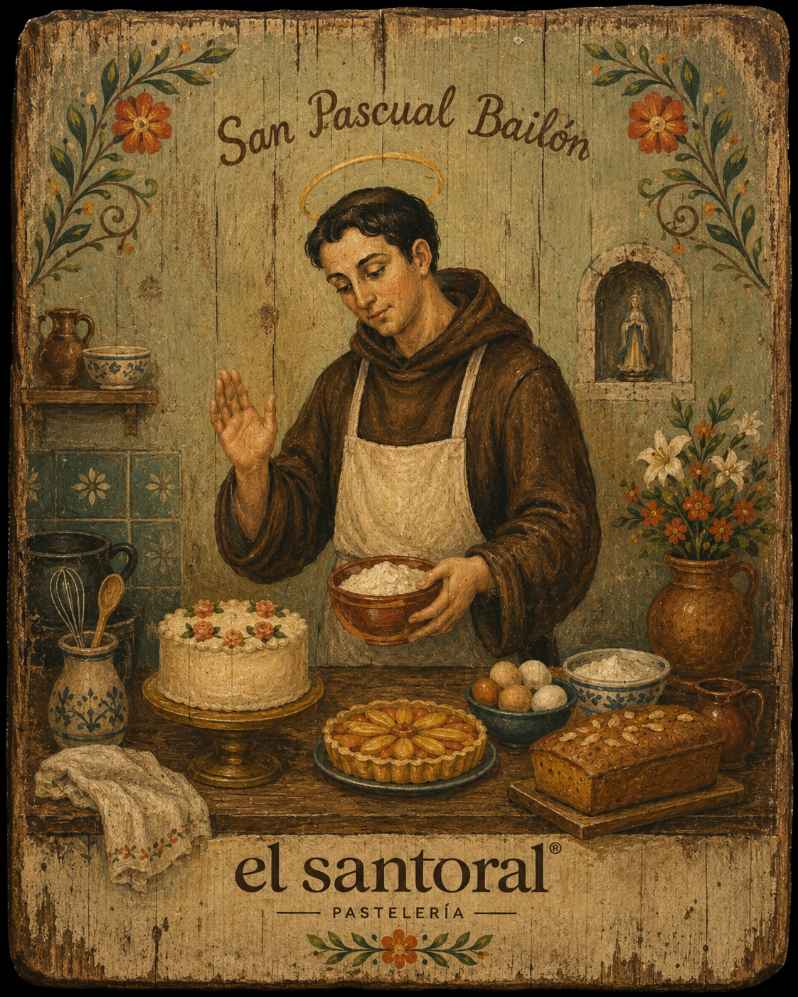 San Pascual Bailón, patrono de cocineros y reposteros, representado en una cocina tradicional mexicana de El Santoral.