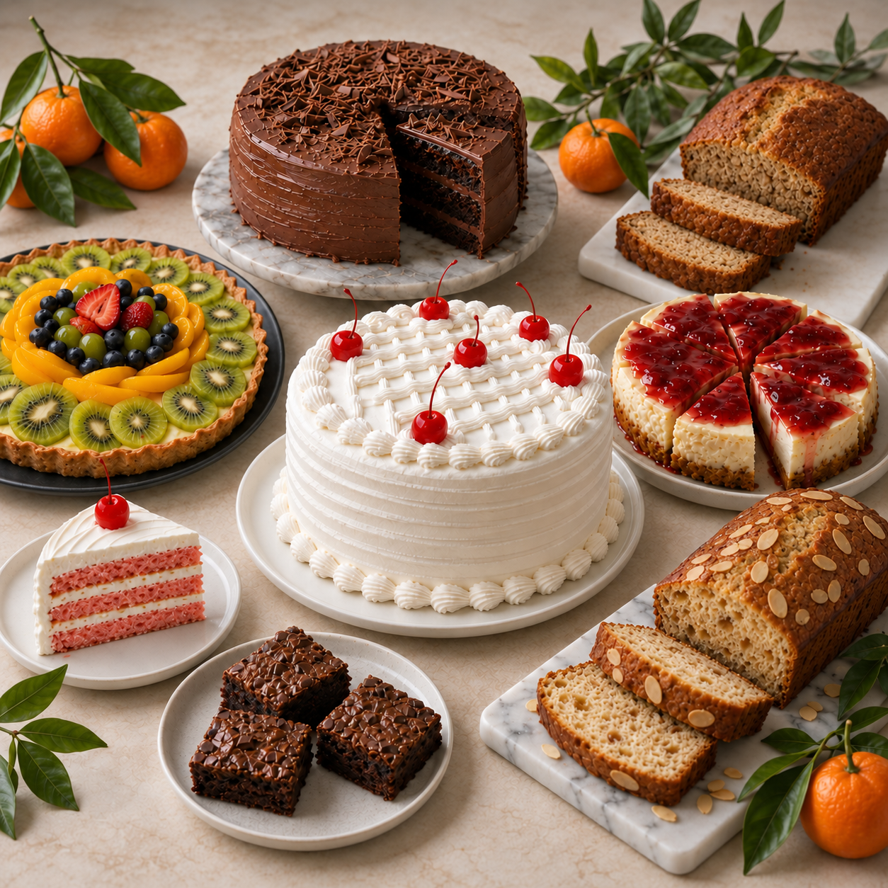 Pasteles, tartas y repostería artesanal de El Santoral en CDMX con cheesecake, brownies, panqués y tarta de frutas.