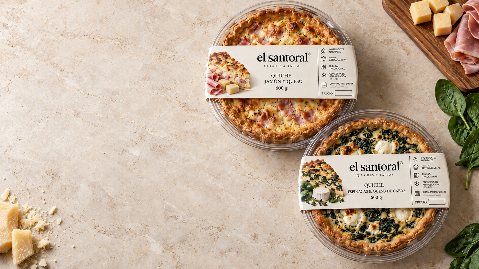Quiches artesanales de jamón y queso y de espinacas con queso de cabra de El Santoral en Ciudad de México.