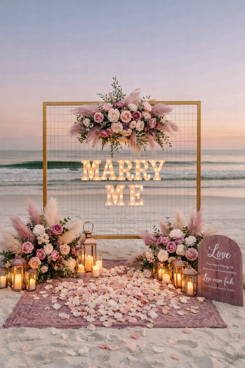 Beach wedding setup with a floral arch, illuminated 'Marry Me' sign, candles, flower petals, and lanterns on a pink rug, with a sunset over the ocean in the background.
