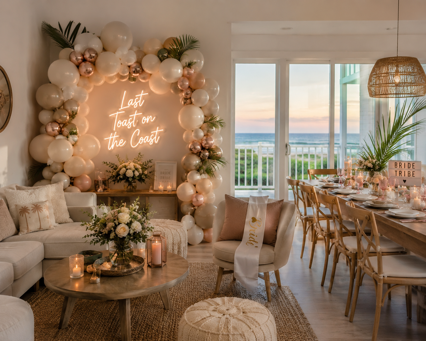 Decorated living room and dining area with a coastal view, featuring balloons, candles, floral arrangements, and signs for a wedding celebration.