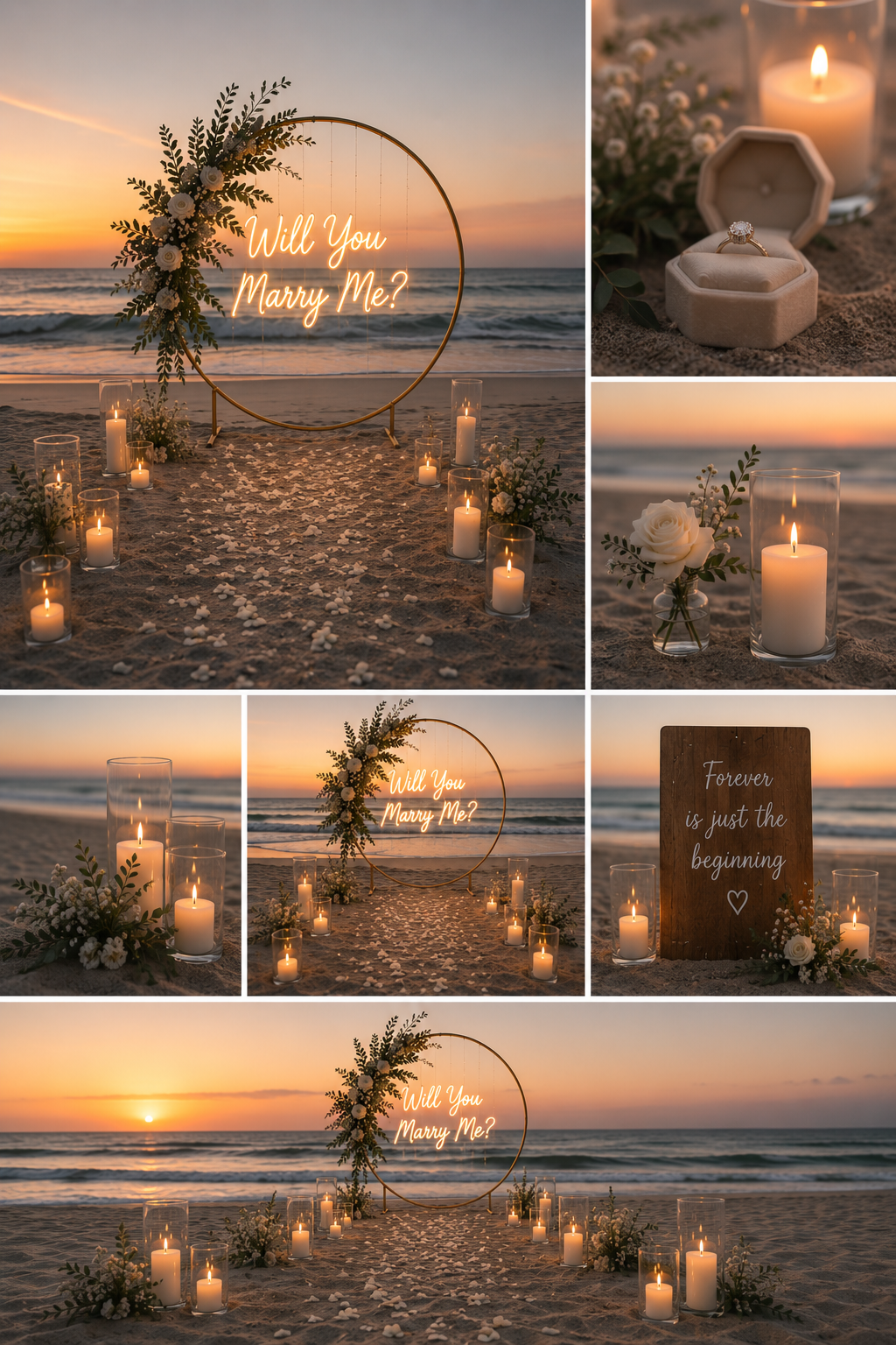 Beach wedding setup at sunset with candles, flower arrangements, a glowing neon sign reading 'Will You Marry Me?', a ring box, and a wooden sign that says 'Forever is just the beginning'.
