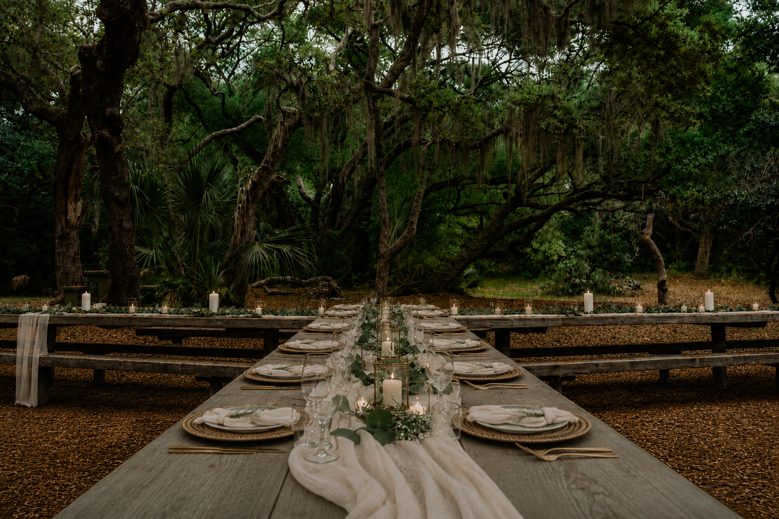 A long rustic outdoor dining table decorated with candles, greenery, and elegant tableware, set in a lush, wooded natural setting with trees and foliage in the background.