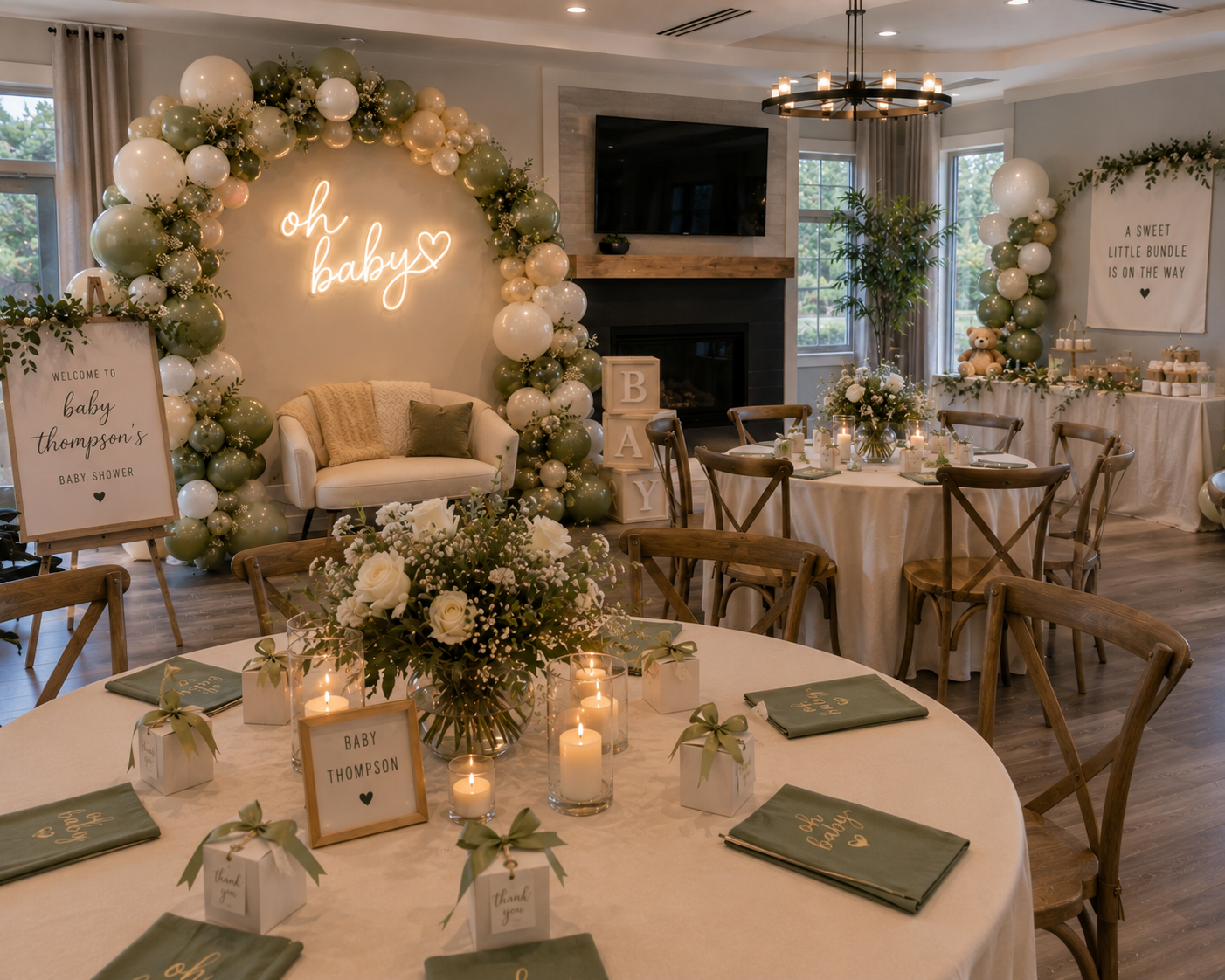 Decorated baby shower room with a balloon arch, round tables with floral centerpieces, candles, and gift boxes. A neon sign reads 'oh baby' and a welcome sign introduces Baby Thompson. The room has windows, wooden chairs, and a cozy ambiance.