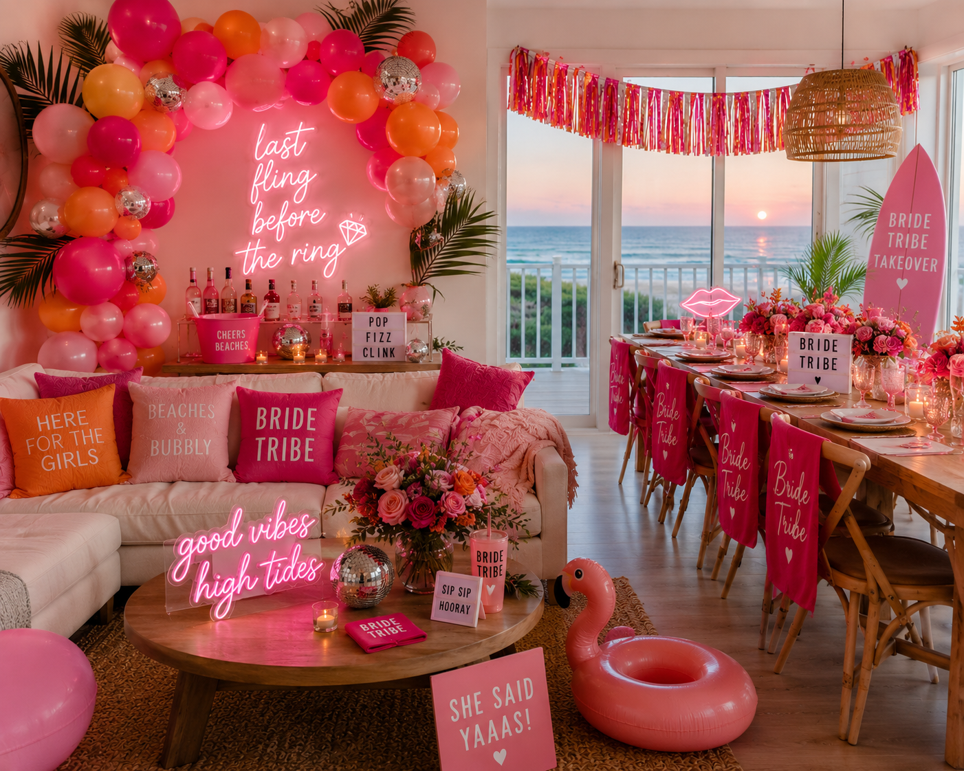 Decorated beachside celebration area with pink and coral accents, balloons, and neon signs, featuring a dining table, floral arrangements, and a view of the ocean at sunset