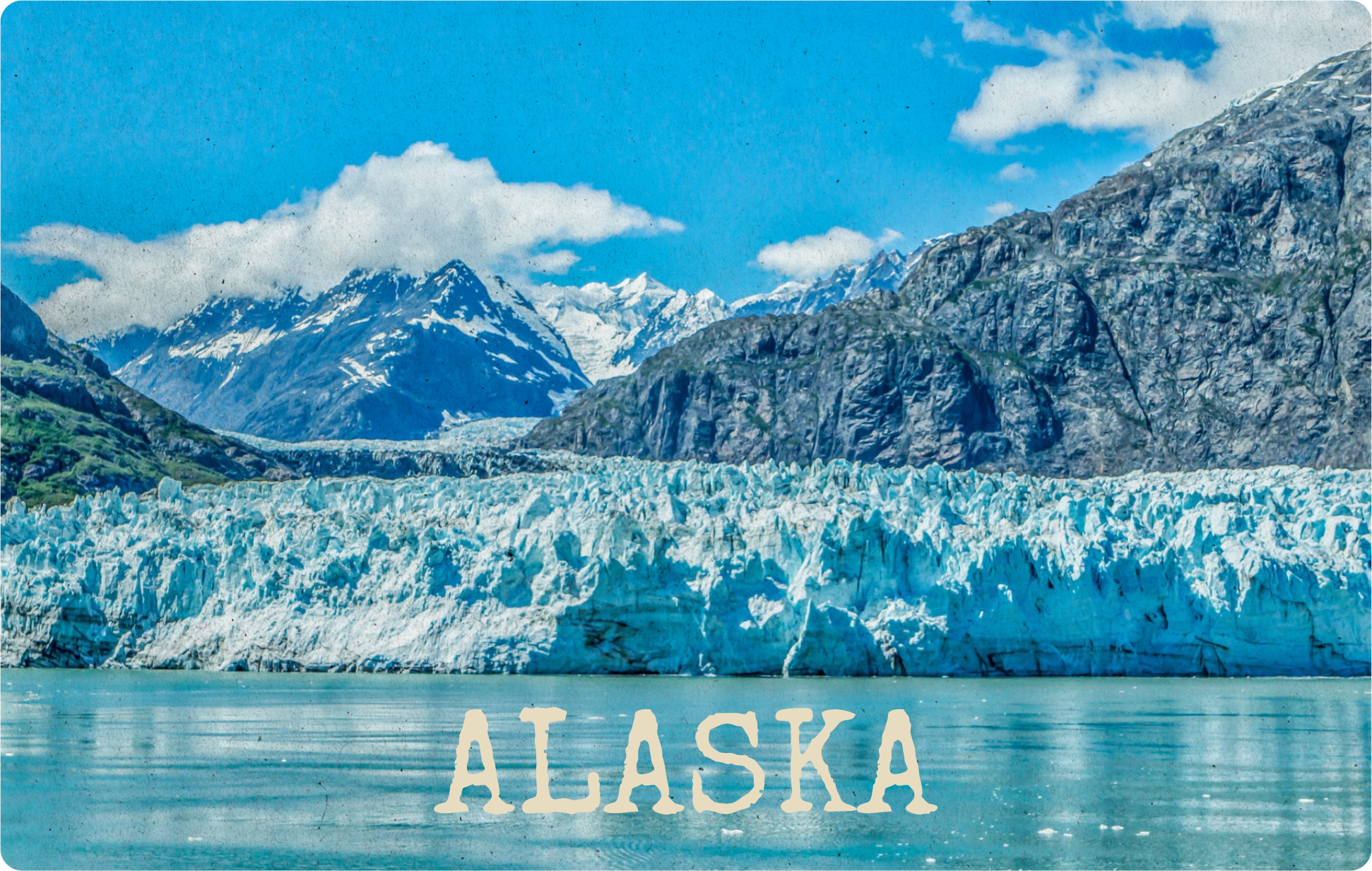 Vintage-style Alaska postcard showing Margerie Glacier in Glacier Bay National Park