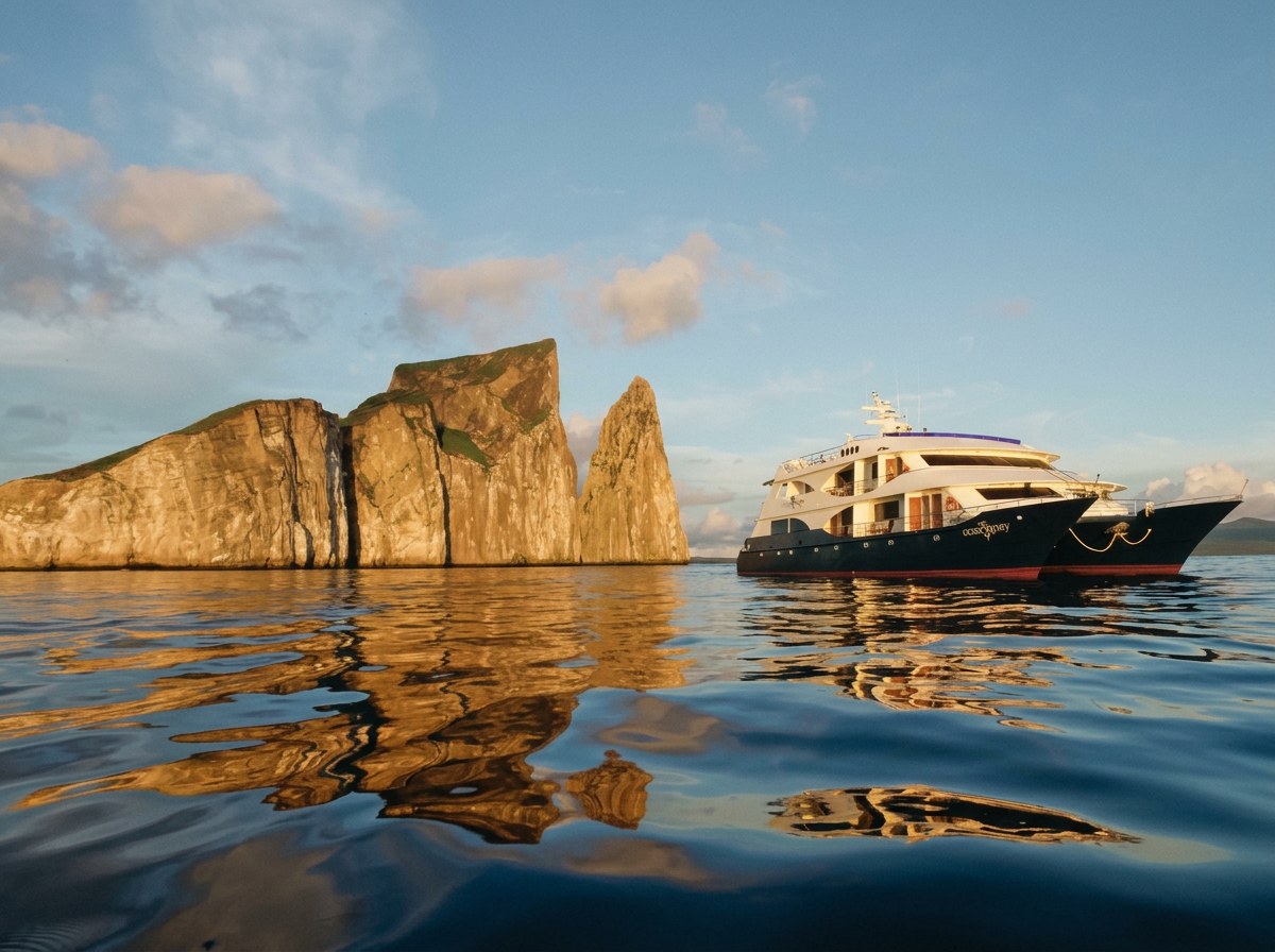 A small luxury yacht sailing past Kicker Rock as golden evening light glows on the towering cliffs off San Cristóbal.