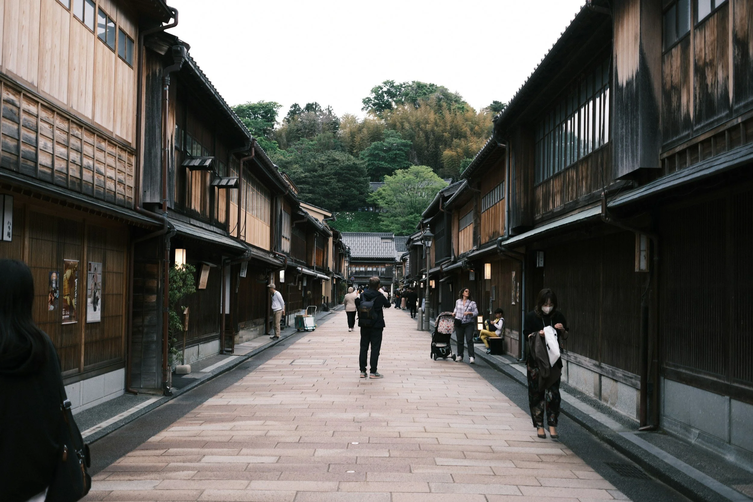 People walking along a traditional wooden shopping street with shops on each side, and lush green trees in the background.
