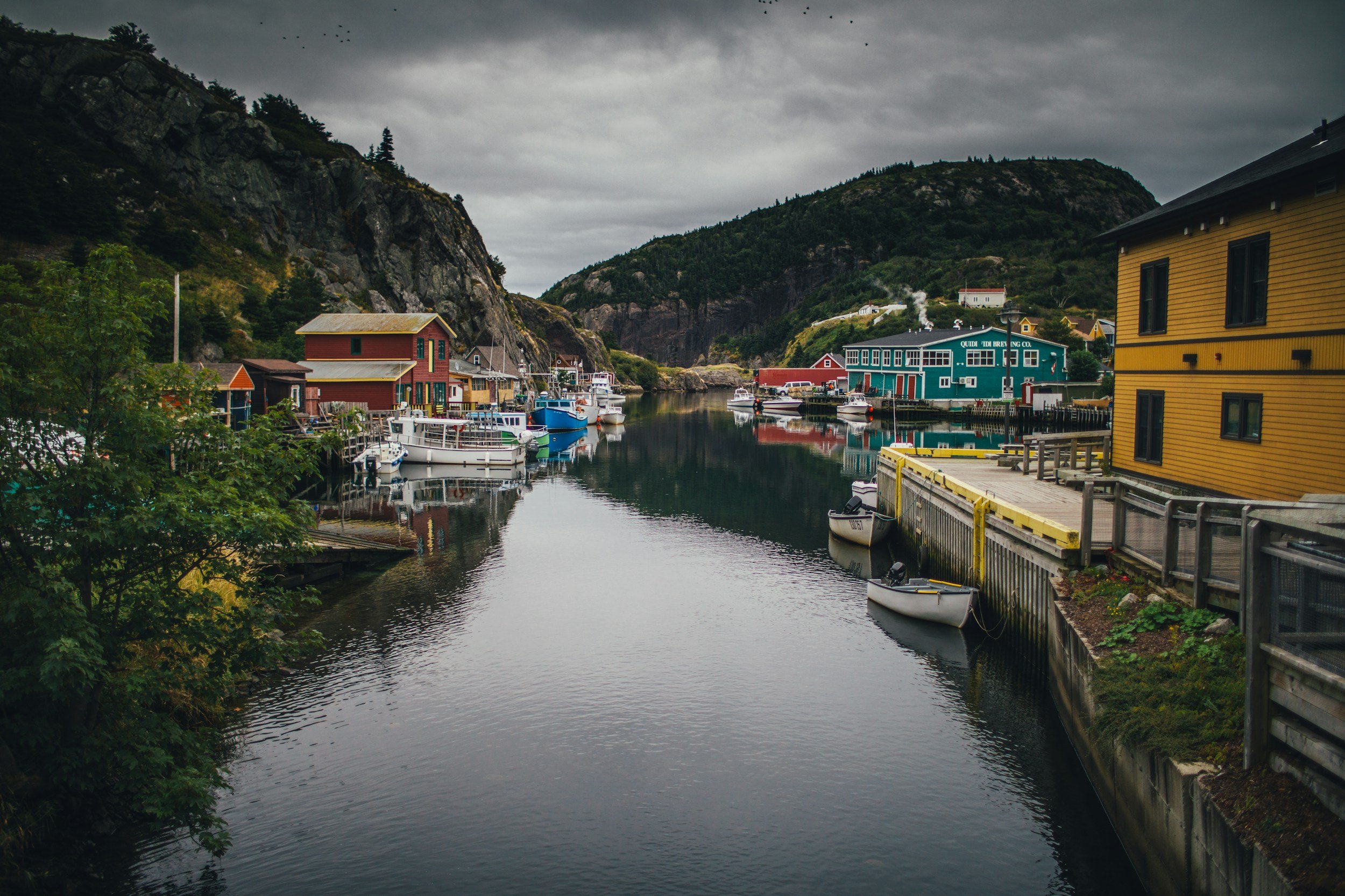 Brightly painted fishing houses along the rocky coast of a Newfoundland outport village