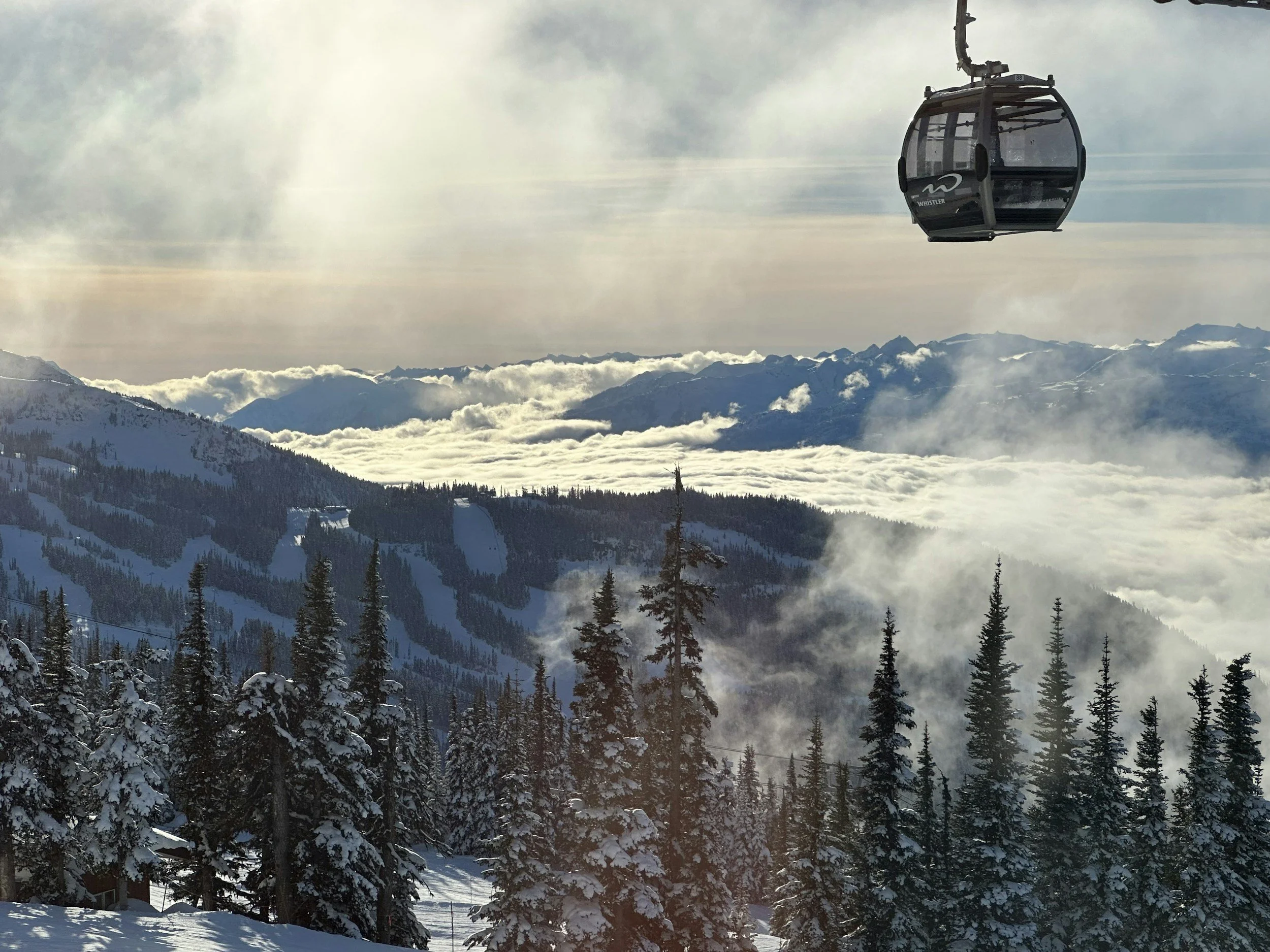 Gondola rising above snow-covered slopes and evergreens at Whistler Blackcomb, British Columbia