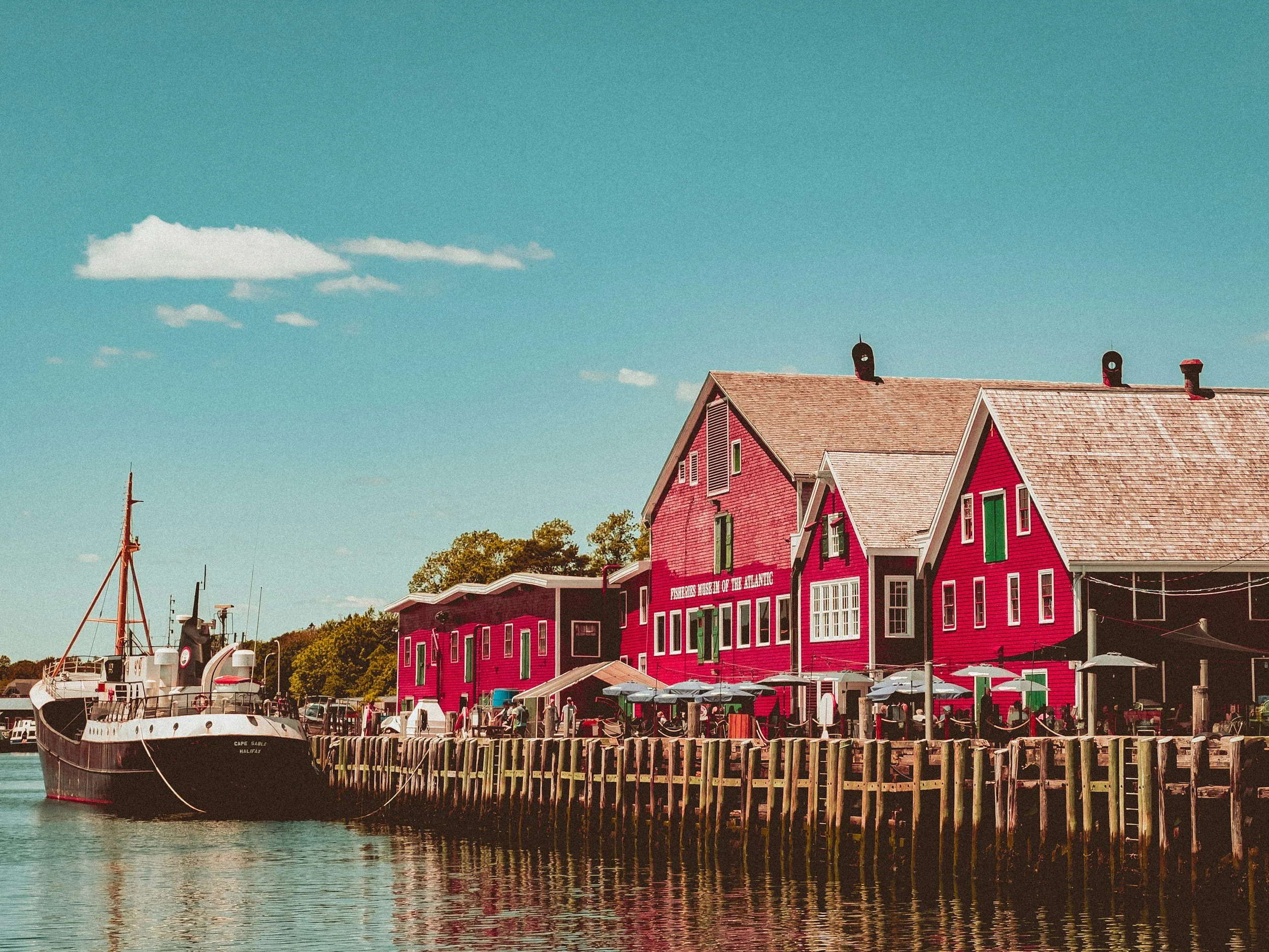 Red waterfront building on the historic harbourfront of Lunenburg, Nova Scotia