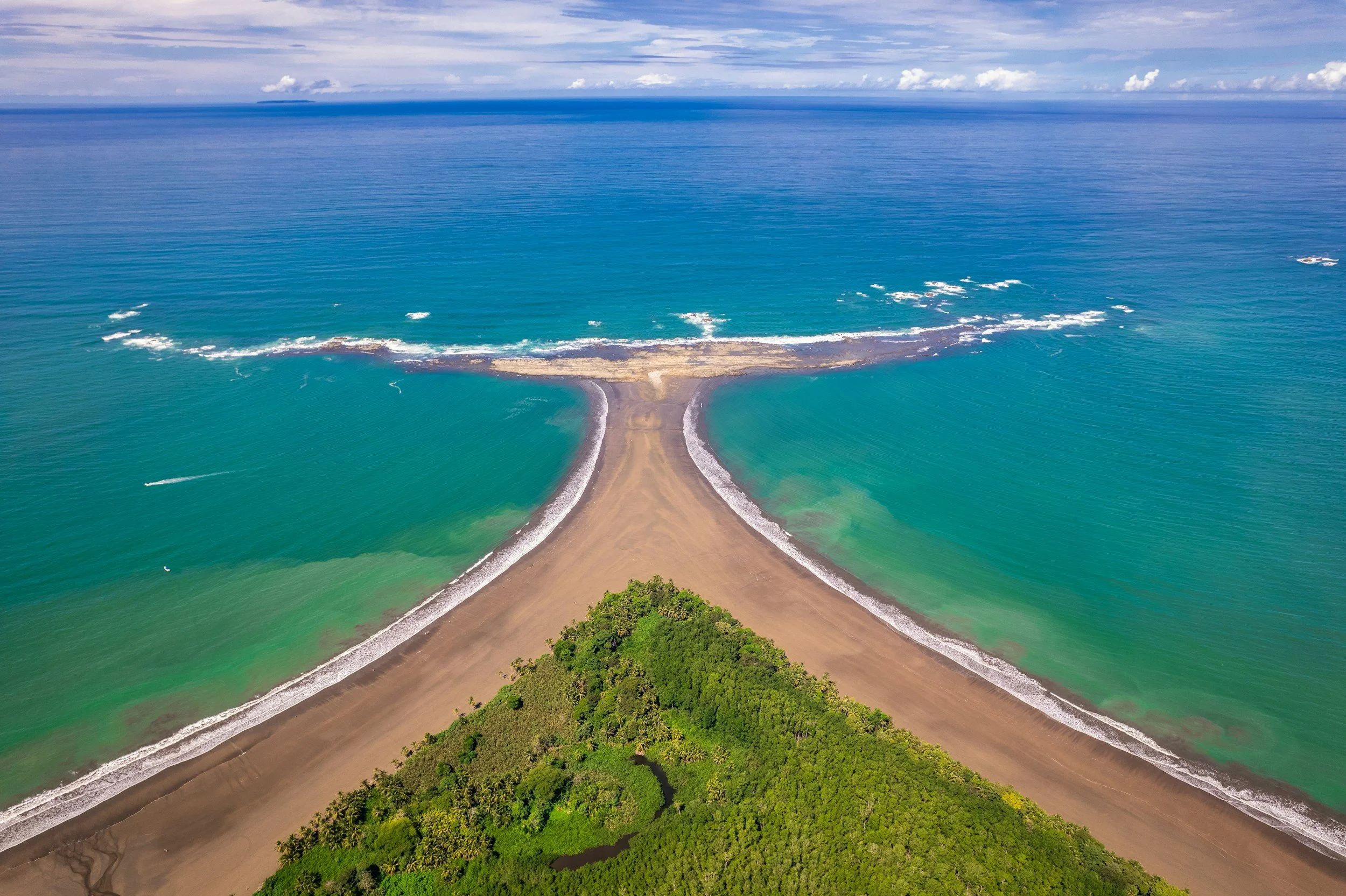 Aerial view of the whale-tail sandbar at Marino Ballena National Park near Uvita, Costa Rica