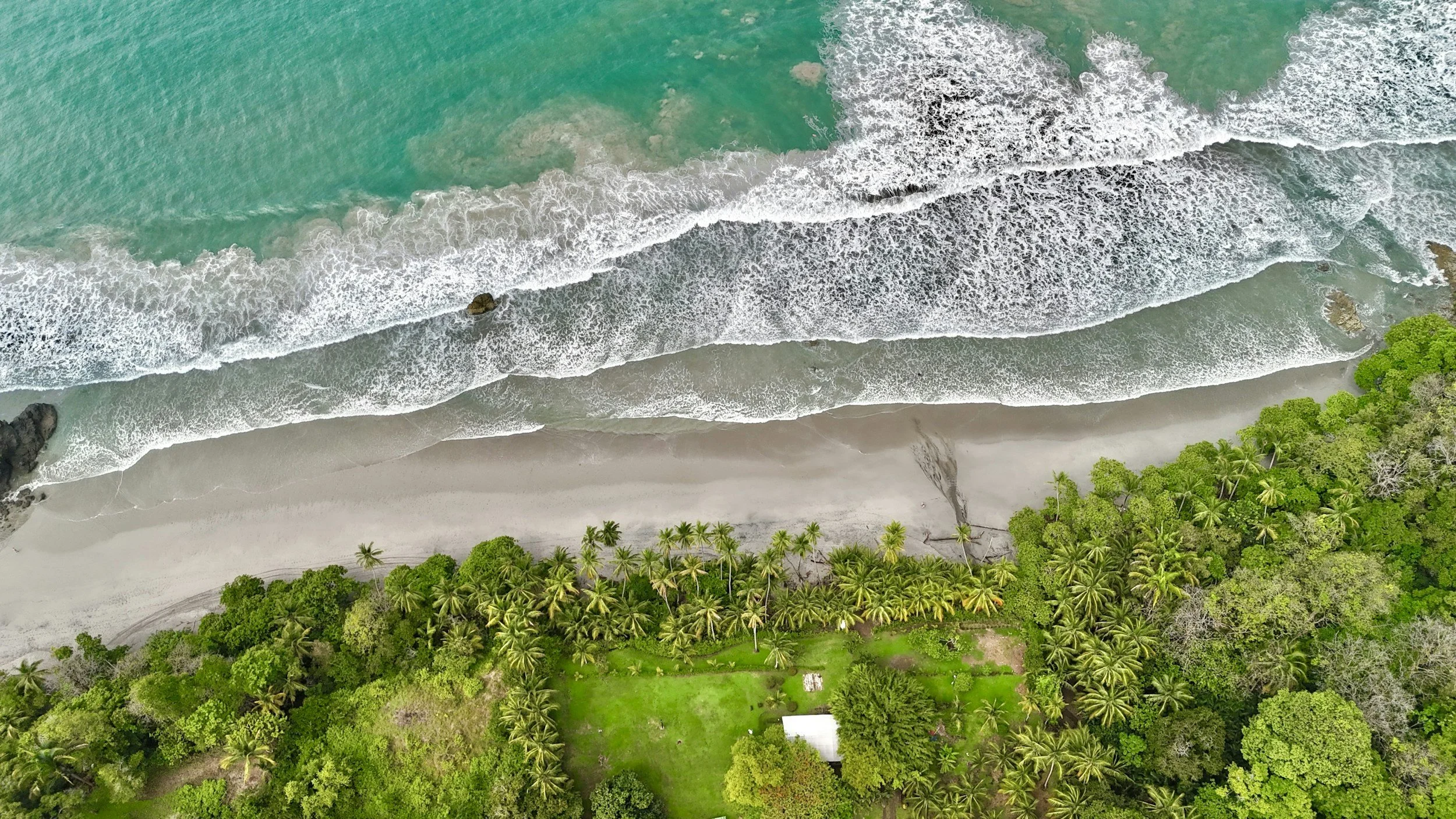 Aerial view of turquoise waves breaking on a sandy beach lined with palms and rainforest near Manuel Antonio, Costa Rica
