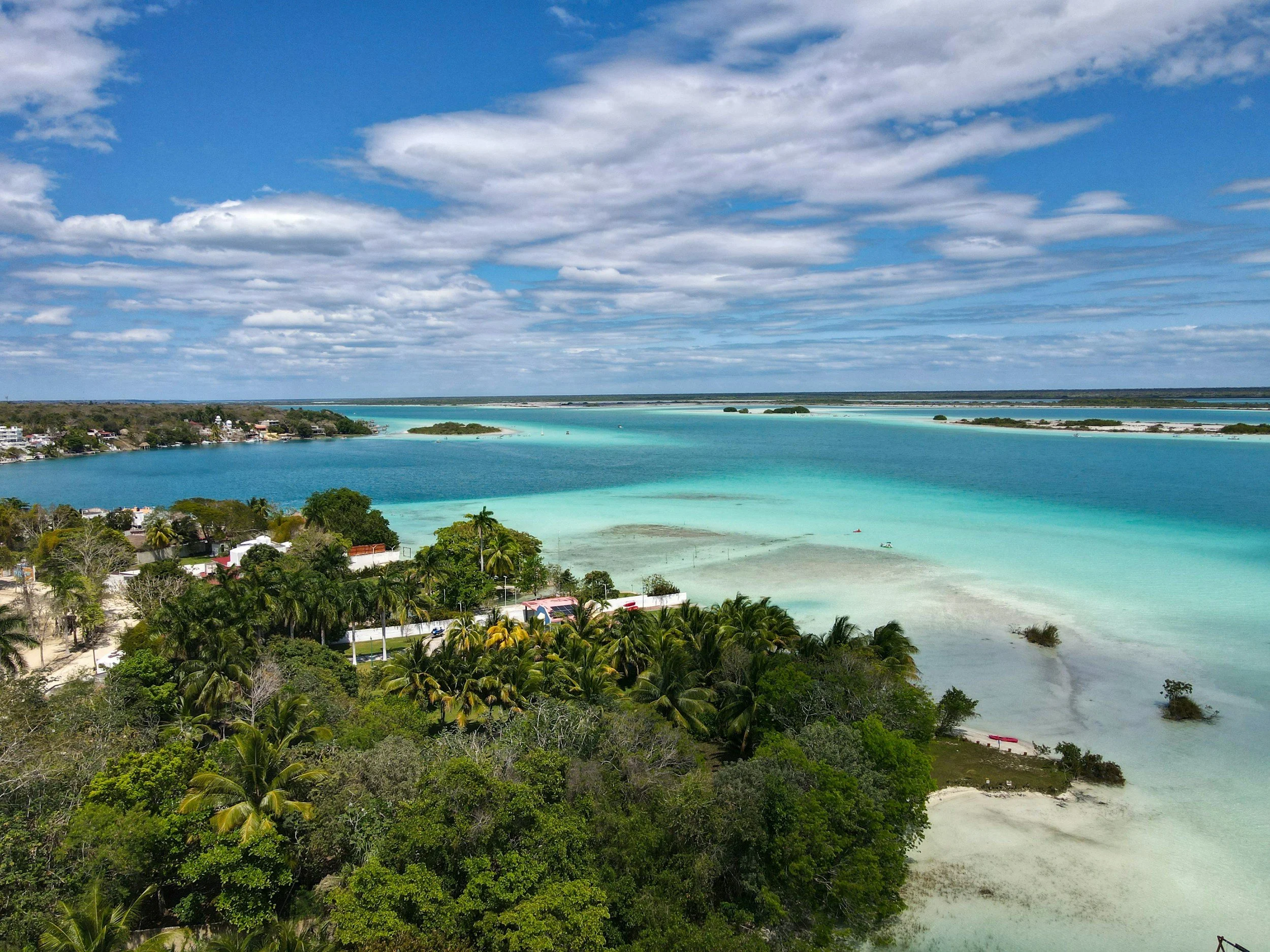 An aerial view of the seven blues of Bacalar
