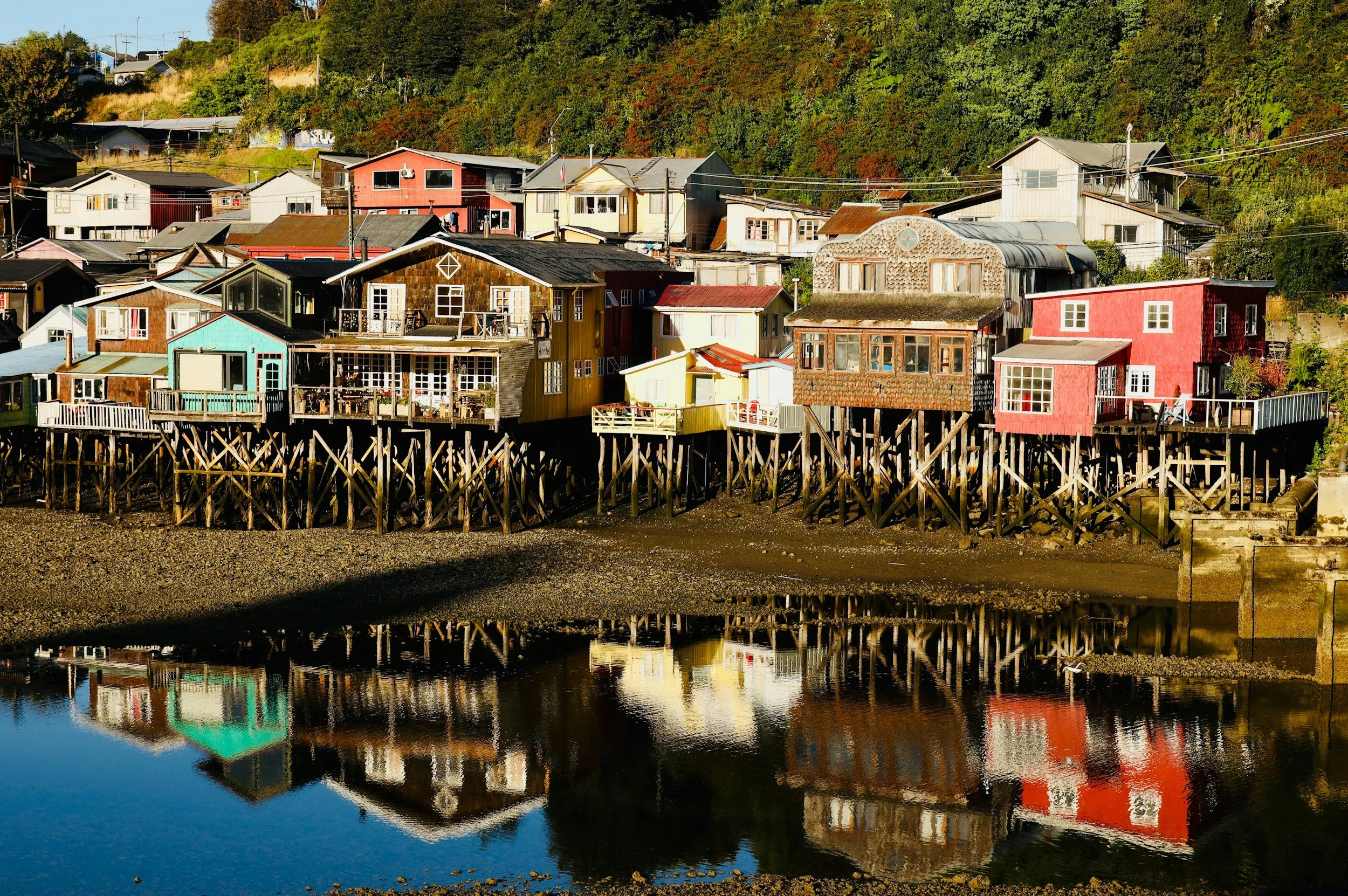 Colorful wooden stilt houses reflected in calm water along the shore of Chiloé Island.