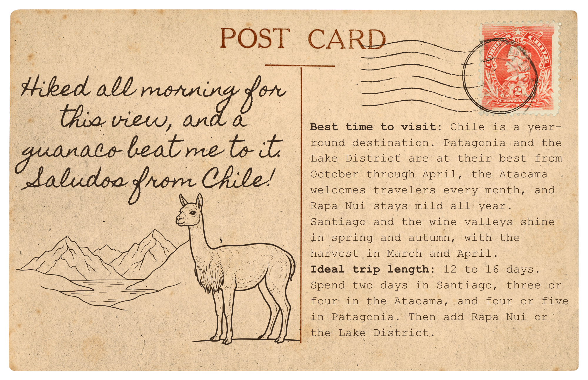 The back of a vintage postcard with a handwritten note reading "Hiked all morning for this view, and a guanaco beat me to it. Saludos from Chile!" beside a sketch of a guanaco with mountains and a lake, a red vintage Chilean stamp, and typed notes.