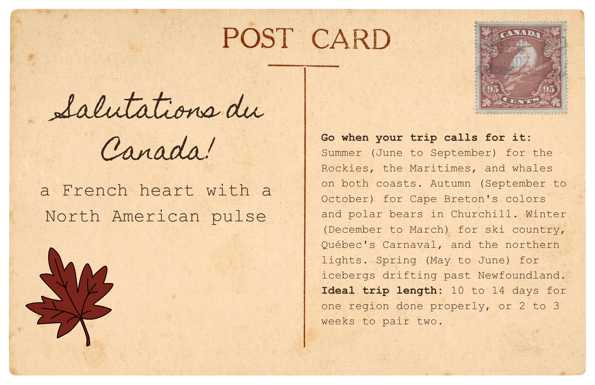 Vintage Canada postcard with travel notes on the best time to visit