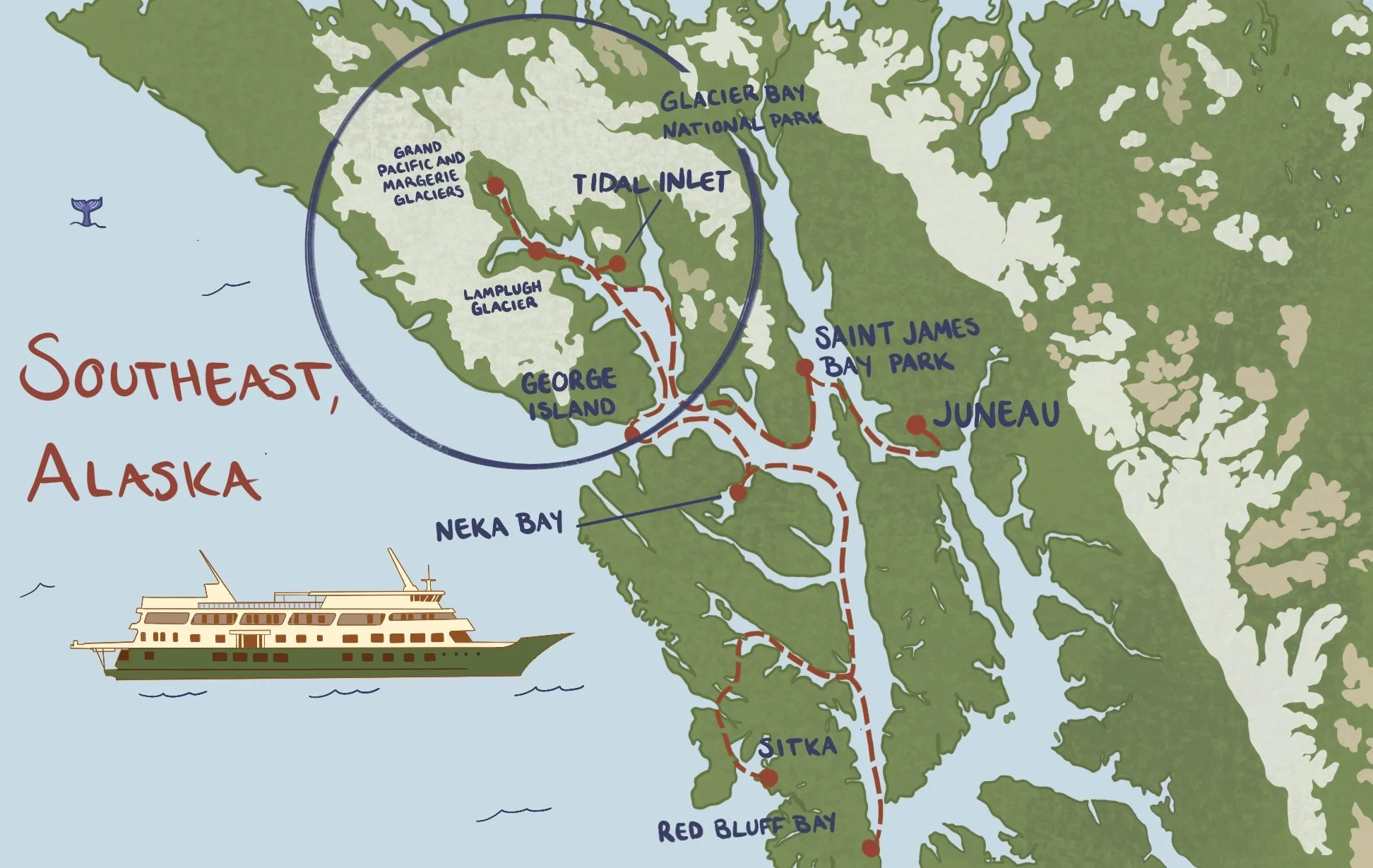 Hand-drawn map of the Southeast Alaska expedition route, Juneau to Sitka