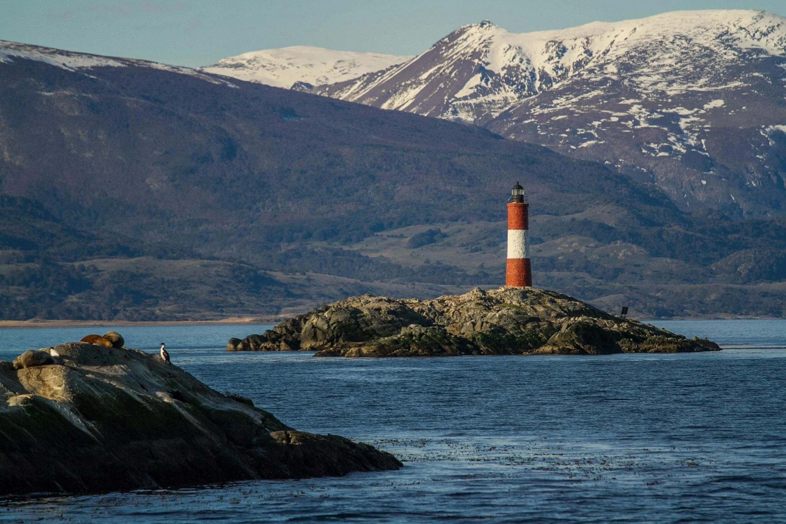 The red and white Les Éclaireurs Lighthouse on a rocky islet in the Beagle Channel, with sea lions resting nearby.