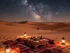 A desert night scene with a low table set for a meal on desert rugs, surrounded by lanterns, under a starry sky with the Milky Way