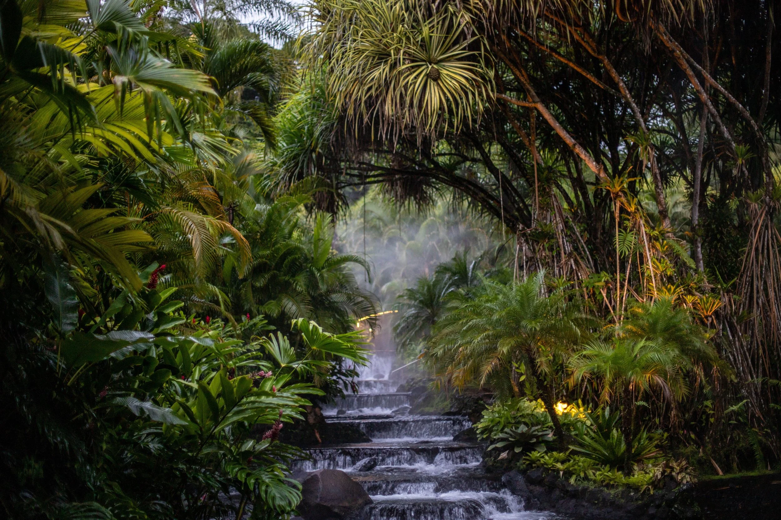 teaming thermal pools surrounded by rainforest in Arenal Volcano, Costa Rica