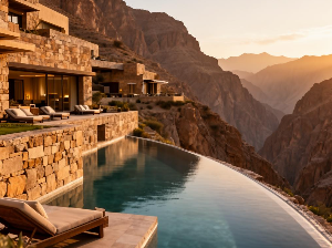 Luxury homes with infinity pool overlooking a canyon at sunset