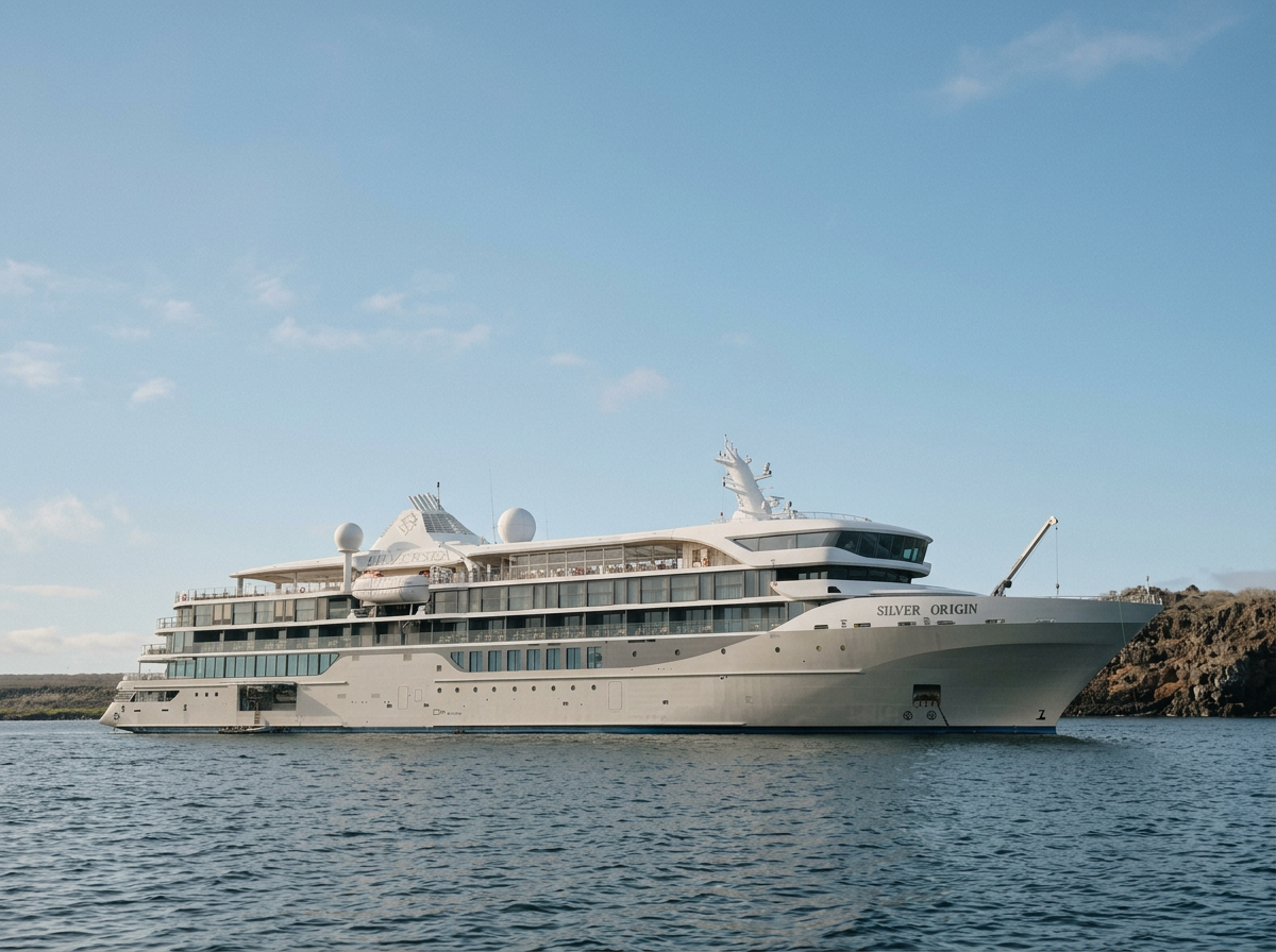A sleek white expedition ship from Silversea anchored in calm water off the Galápagos coast.