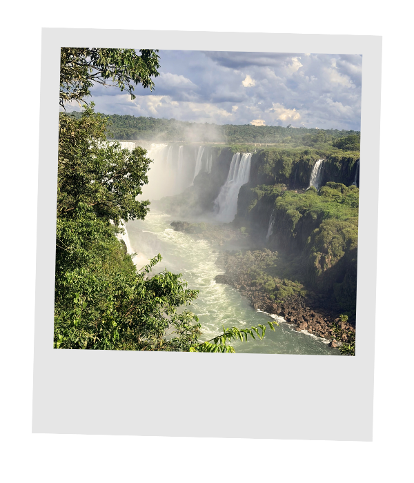 Iguazú Falls cascading over green cliffs through the subtropical rainforest.