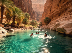 People swimming in a turquoise canyon pool, surrounded by towering red rock cliffs and palm trees.
