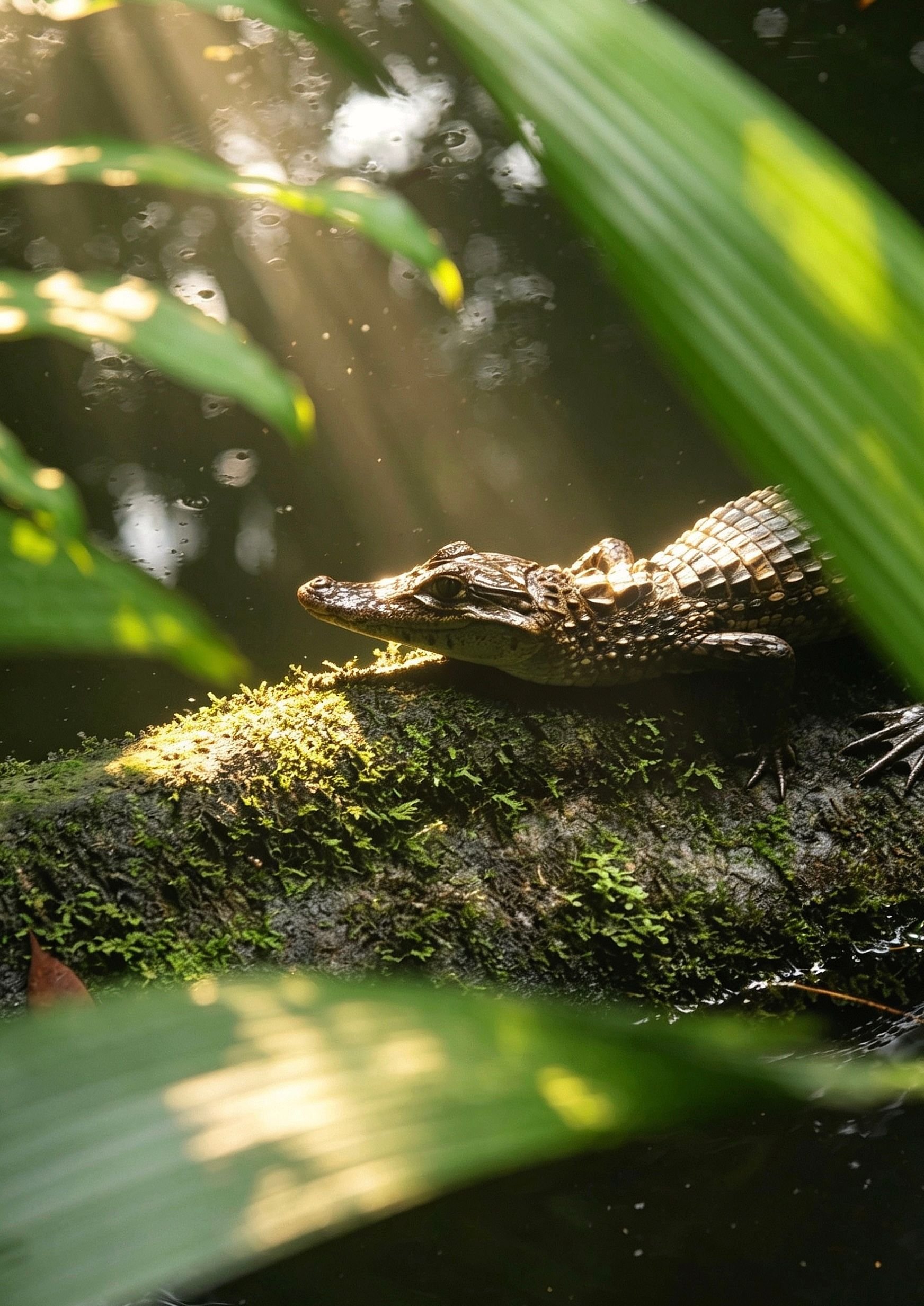 Caiman resting on a mossy log in dappled sunlight along the jungle canals of Tortuguero, Costa Rica